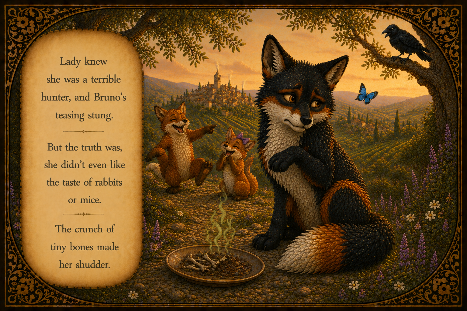 Illustration of a fox with three smaller animals, a bird, a butterfly, and a snake, in a lush landscape with rolling hills and a town in the background, complemented by a story text panel on the left.