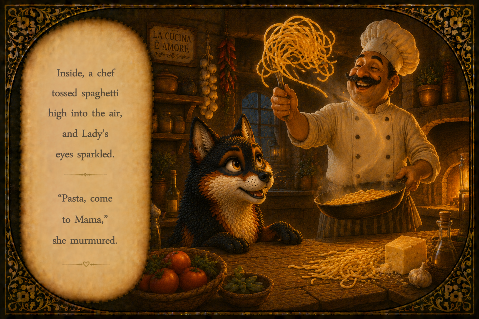A cheerful chef with a mustache and chef's hat tossing spaghetti in a pan, with a smiling wolf-like creature watching. The kitchen is warmly lit with rustic decor, tomatoes, garlic, and bottles on the counter.