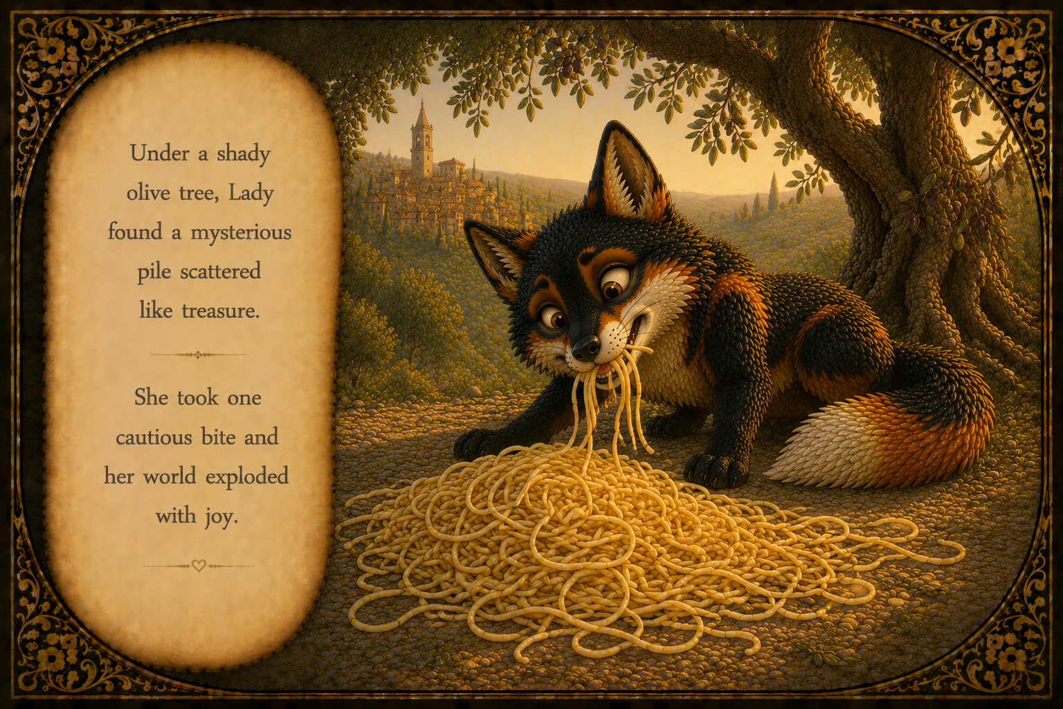 A cartoon wolf with black, orange, and white fur is sitting under a shady olive tree, eating spaghetti with a cautious expression. Behind, there is a scenic countryside with a village and a church steeple in the distance, all depicted in a painterly 