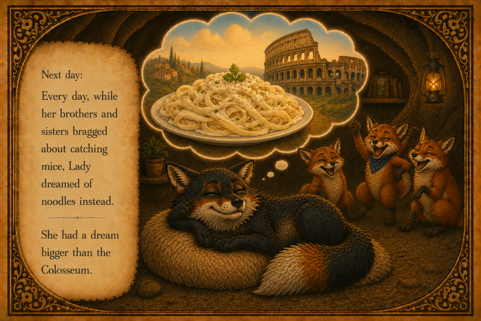 Illustration of an indoor scene with four smiling foxes, one sleeping and three standing. One of the standing foxes wears a blue bandana. All are sitting on a textured ground with a warm, cozy ambiance, including a lantern hanging on the wall and a s