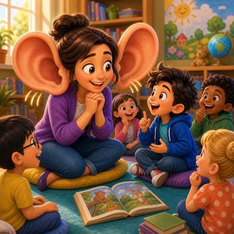 A learner listening carefully with oversized ears