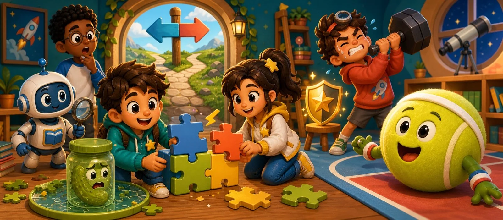 Children choosing paths and solving a puzzle for beginner courage idioms