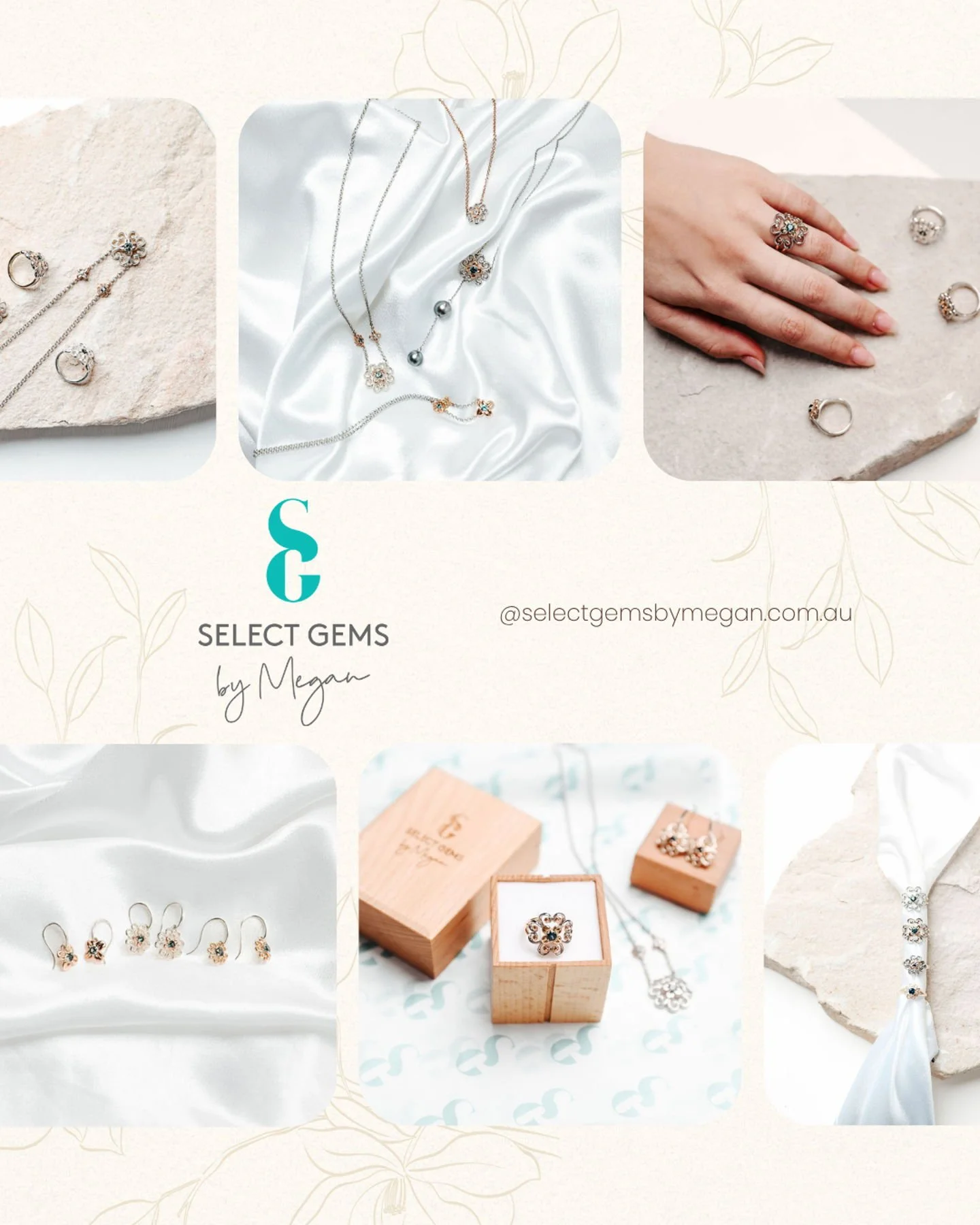 The Grevillea Collection by Select Gems by Megan 

Celebrates elegant, versatile design. Each piece blends delicate floral curves with quality gemstones, creating jewellery that moves effortlessly from day to night. Classic, refined, and beautifully 