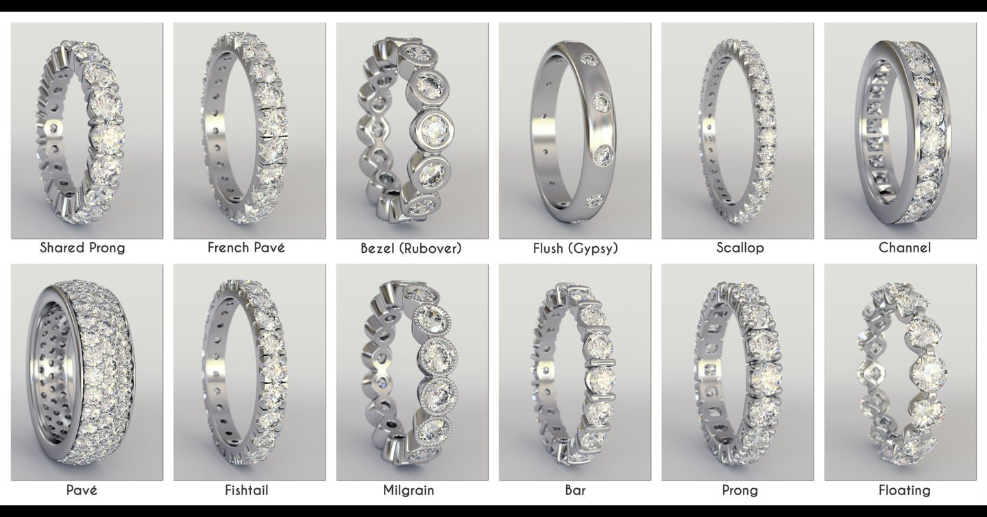 Gemstone settings come in many styles, each affecting a ring's appearance, security, and value. 

Claw and prong settings lift the gemstone to maximise light and sparkle, while bezel settings offer a sleek, protective finish. Pave settings add brilli