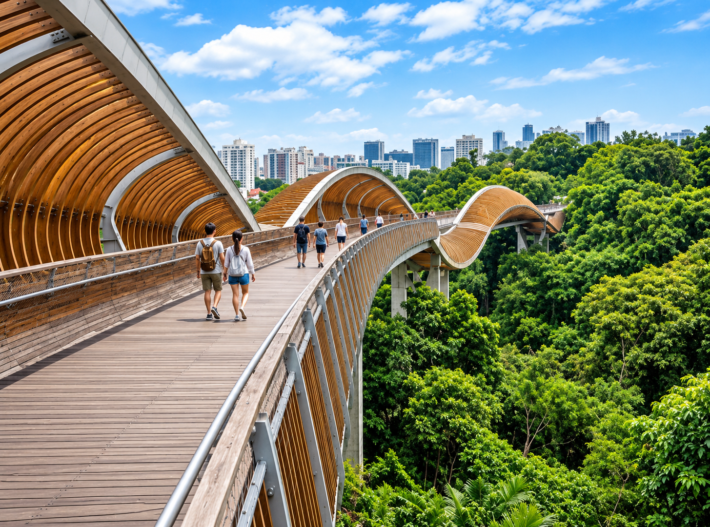 Rainforest canopy walkway to the city