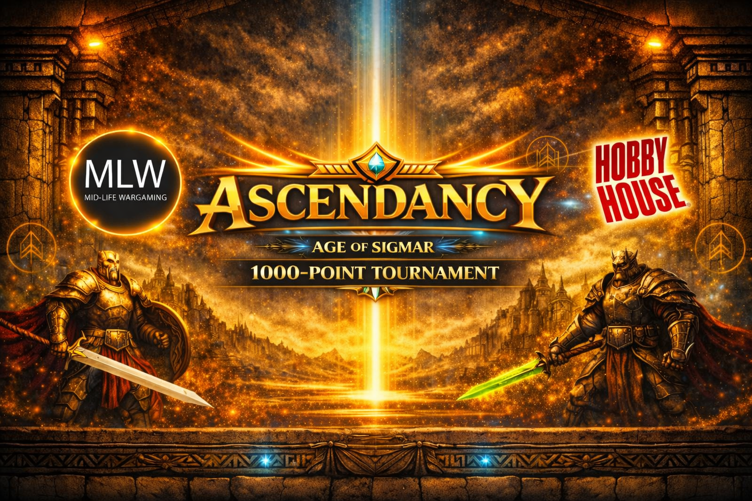 Promotional graphic for the game Ascendancy, Age of Sigmar, 1000-point tournament, featuring two armored warriors holding swords, a fiery background, and logos for Mid-Life Wargaming and Hobby House.