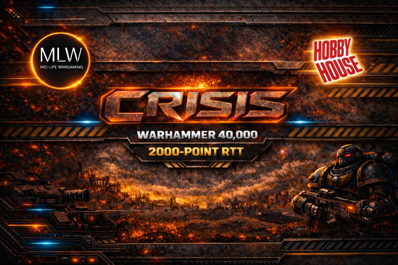 A promotional poster for the game Warhammer 40,000: Crisis, featuring a fiery, apocalyptic background with a large armored space marine holding a weapon, along with logos and text highlighting the game features.