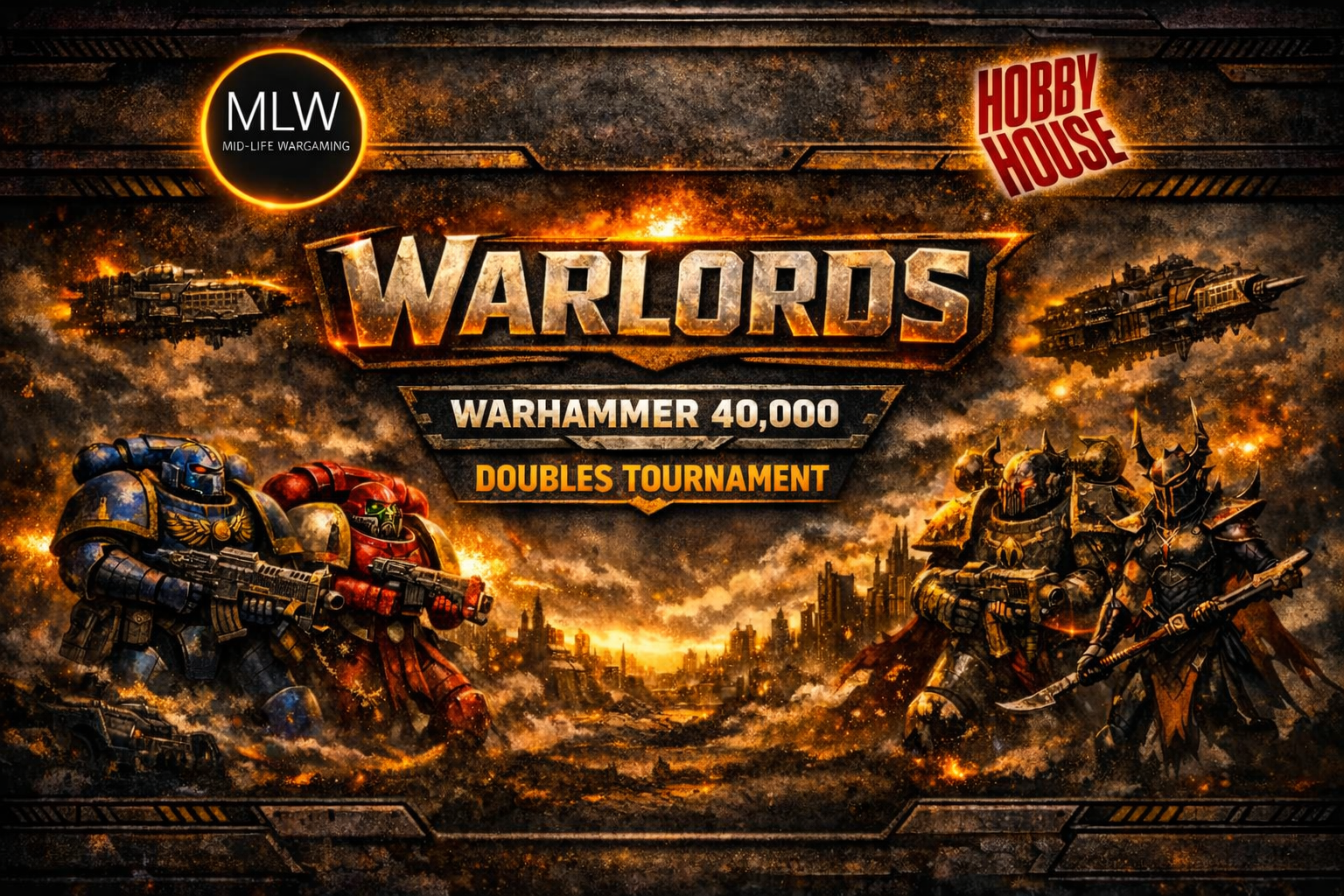 Artwork from Warhammer 40,000 Warloards video game, depicting armored space marines with guns and swords in a fiery, war-torn landscape, with logos and text for Mid-Life Wargaming and Hobby House.