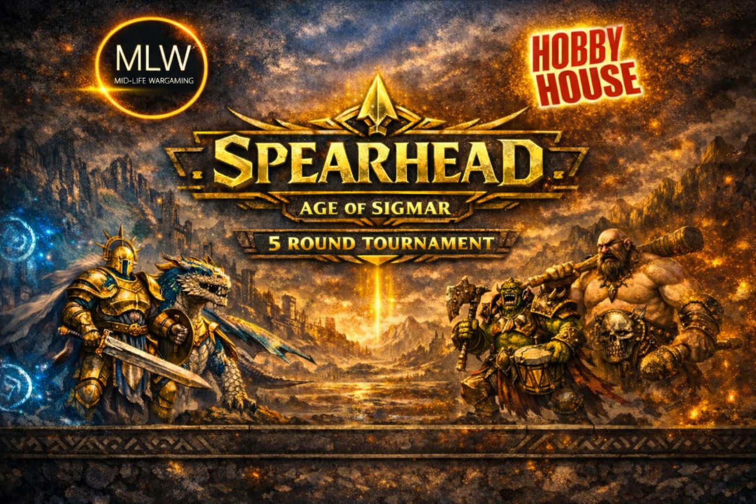 Promotional poster for the game Spearhead: Age of Sigmar, featuring fantasy characters in armor and weapons, with a fiery, war-torn background, and text indicating a 5-round tournament organized by Mid-Life Wargaming and Hobby House.