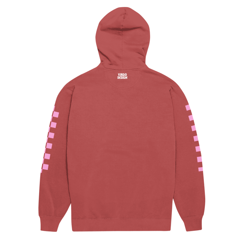 Rusty rose colored hoodie with light pink checkered accents on the sleeves and text on the front that reads, "demonizing screen time is ableist". the text has devil horns and a tail.