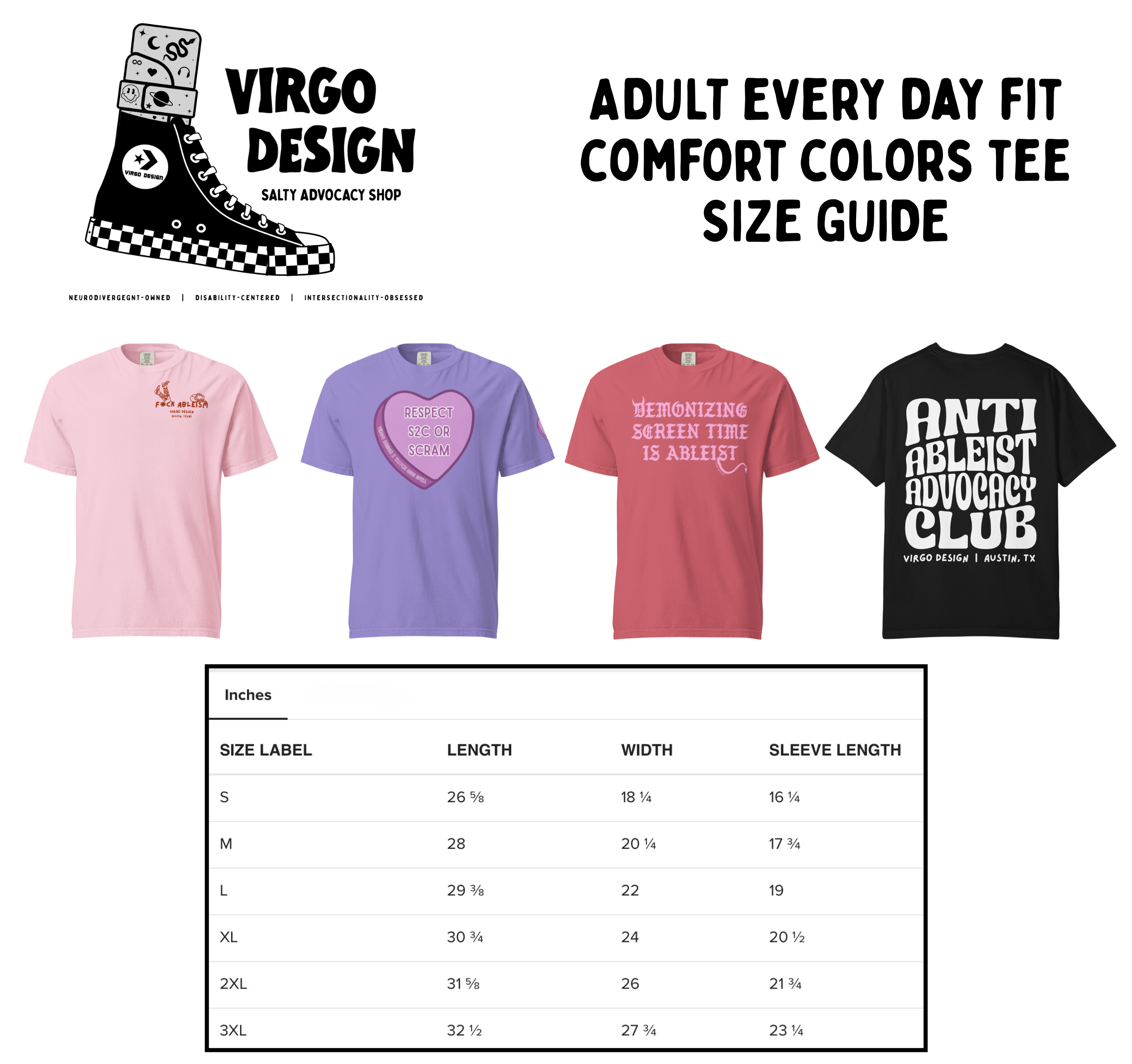 ableism makes me barf candy heart tee by virgo design size guide