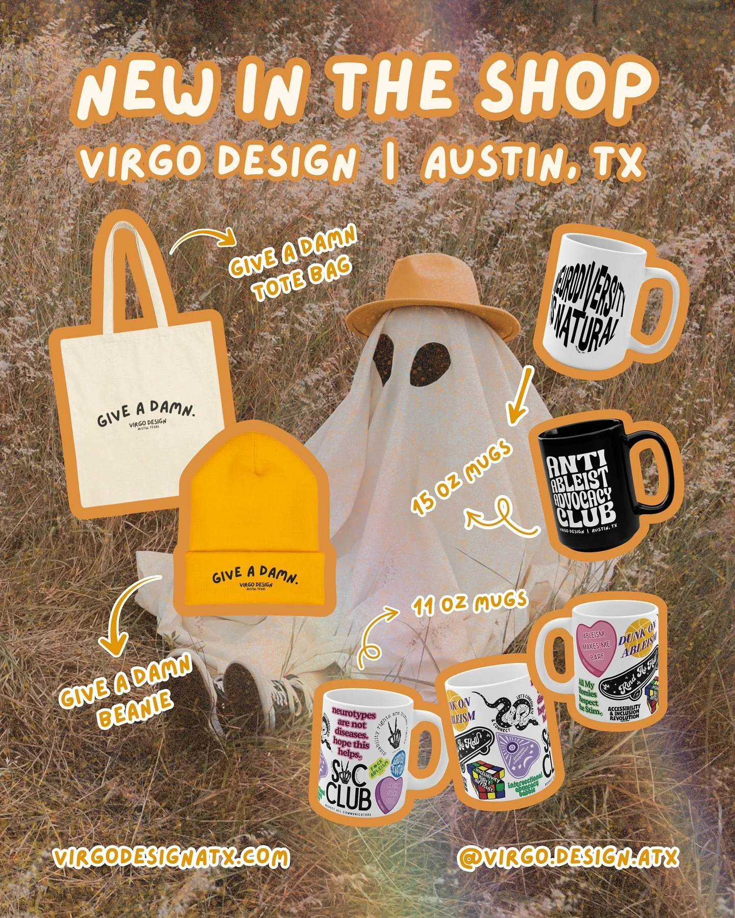 Spook away those pesky ableists with these new offerings! 
✨Give A Damn Tote Bag
👻Give A Damn Beanie
🔮Neurodiversity Is Natural Mug
💀Anti Ableist Advocacy Club Mug
🎃Into The Stickerverse Mug 

#advocate #giveadamn #neurodiversityisnatural #neurod