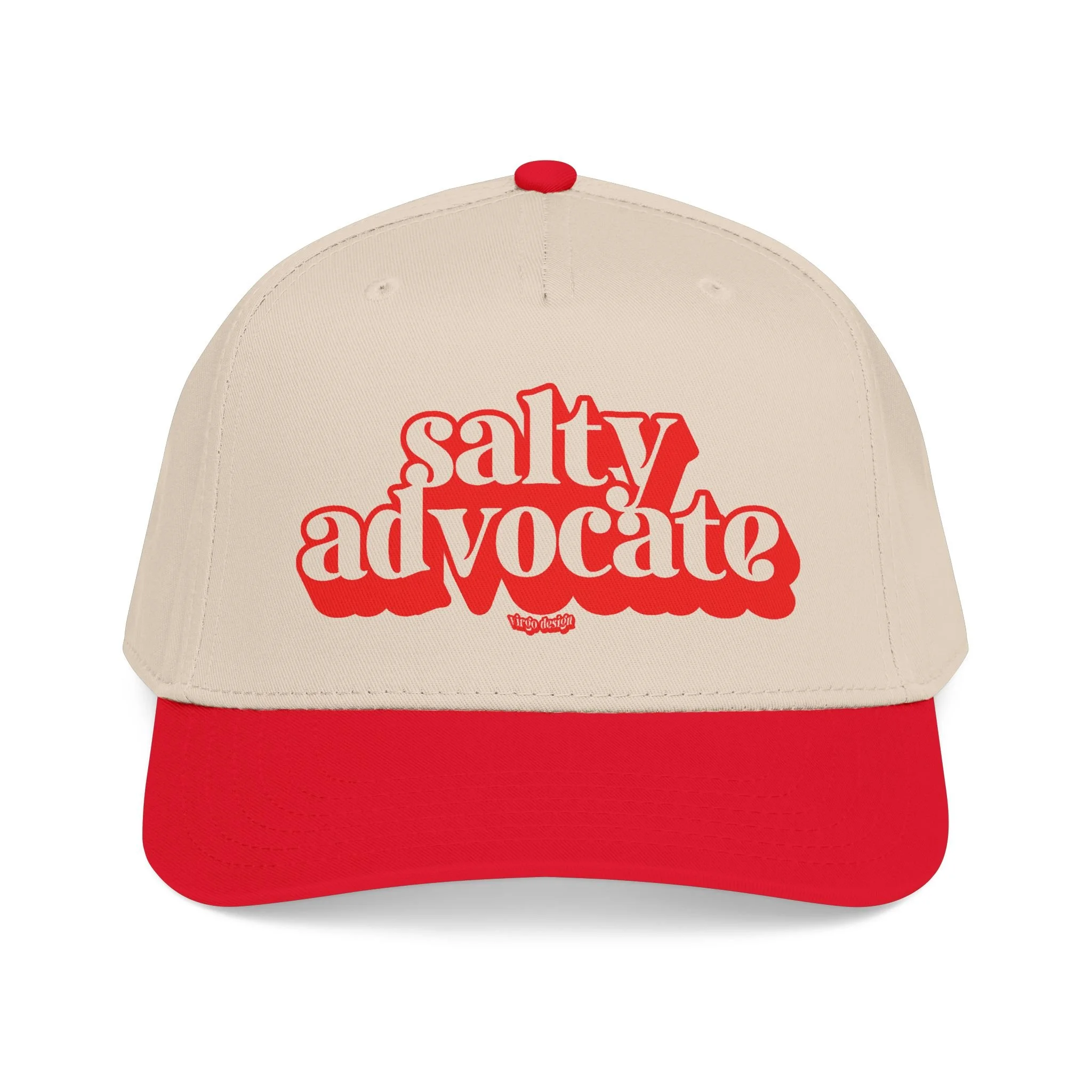 baseball cap in natural with red accents and red text that reads salty advocate