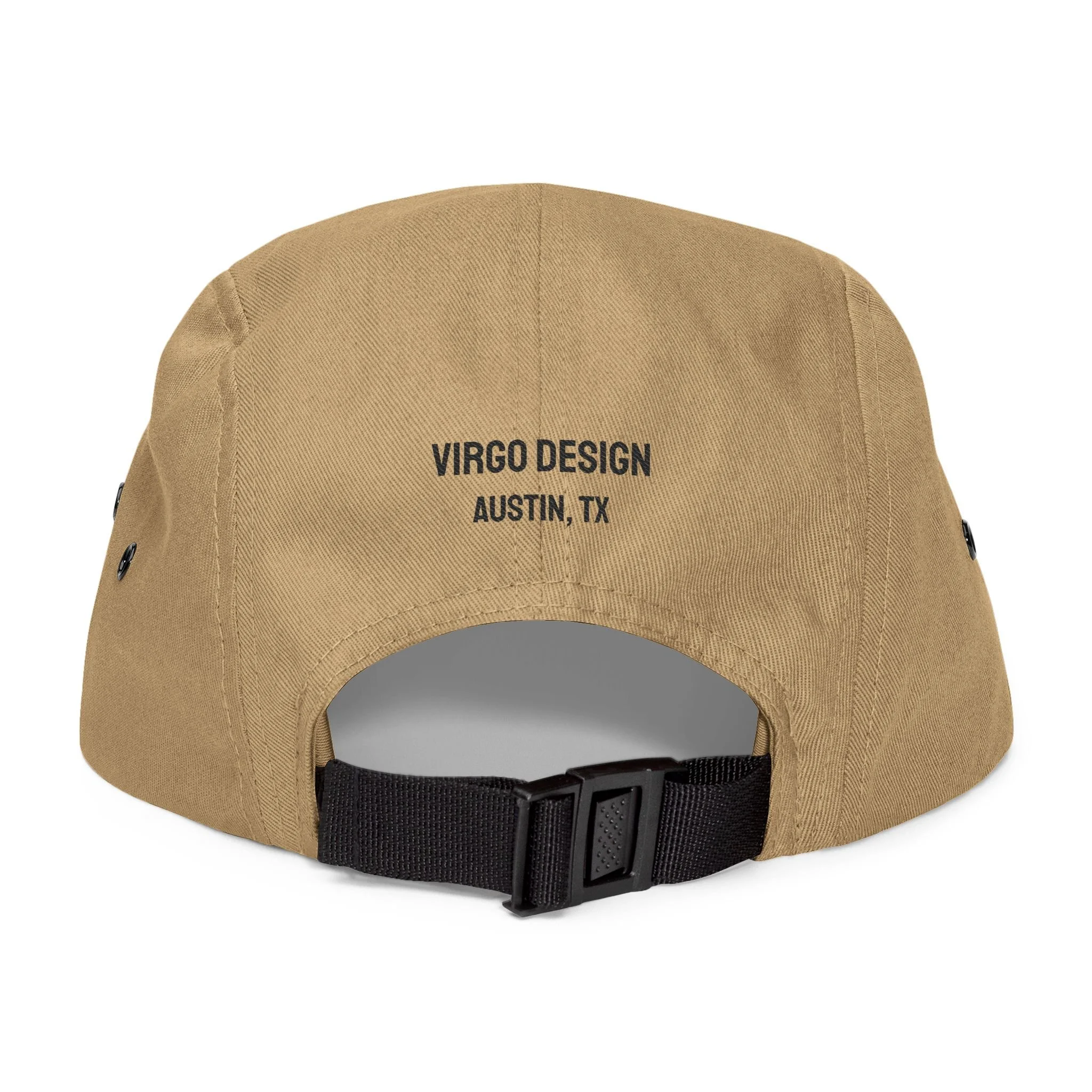 back-facing view of a khaki hat with black embroidered text that reads, "virgo design, Austin, Texas"
