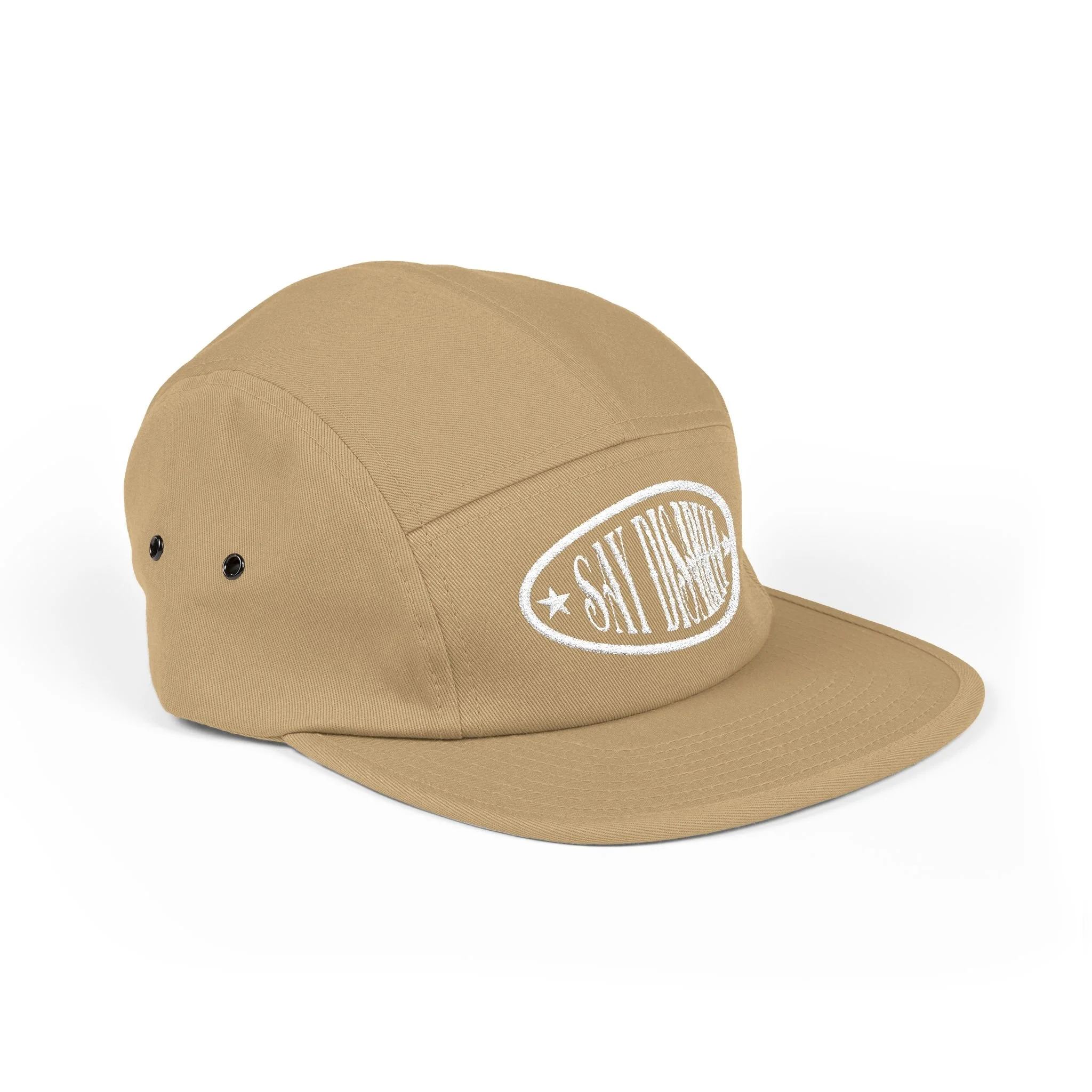 side-facing view of a khaki 5 panel hat embroidered with a white oval with white text inside that reads "say disabled" between 2 stars