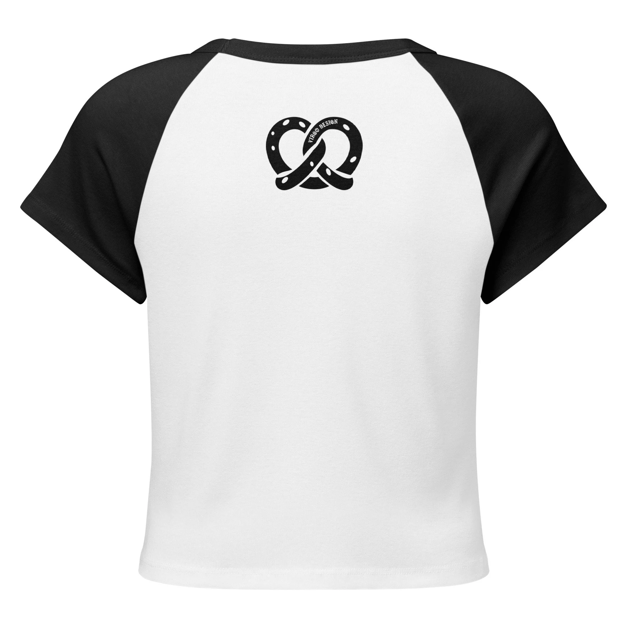 back-facing view of a white baby tee with black sleeves and trim featuring a black pretzel with white text on it that reads, "virgo design"