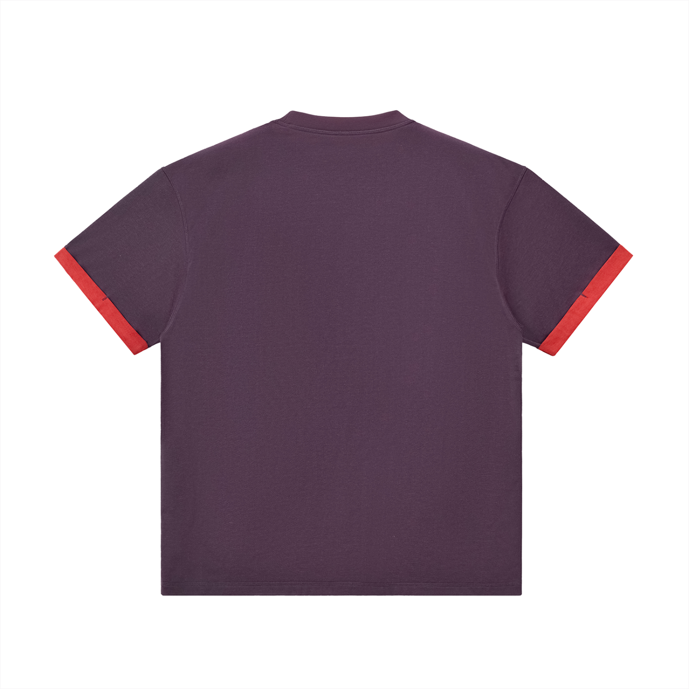 back-facing view of a color blocked purple and red t-shirt with vintage vibes