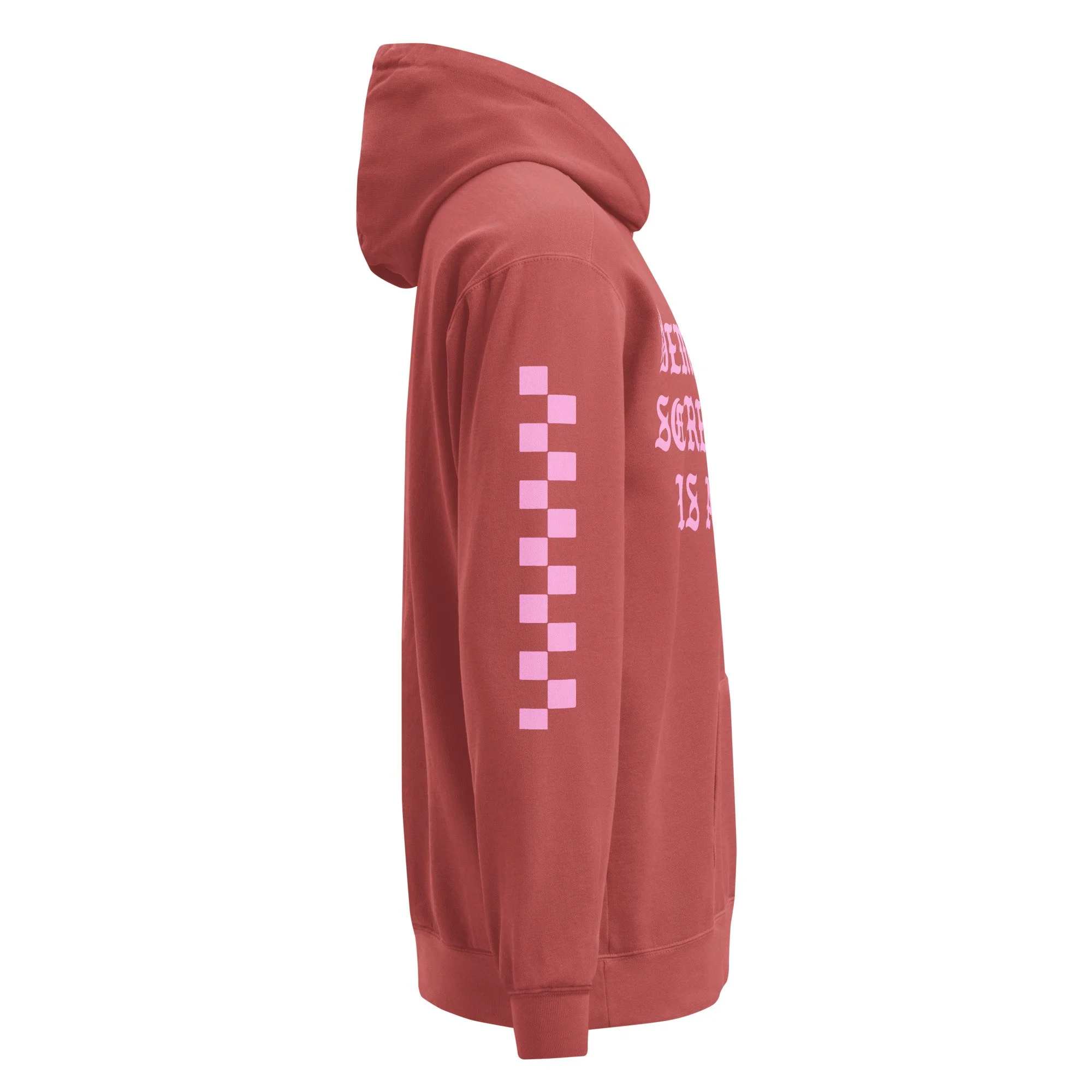 Rusty rose colored hoodie with light pink checkered accents on the sleeves and text on the front that reads, "demonizing screen time is ableist". the text has devil horns and a tail.