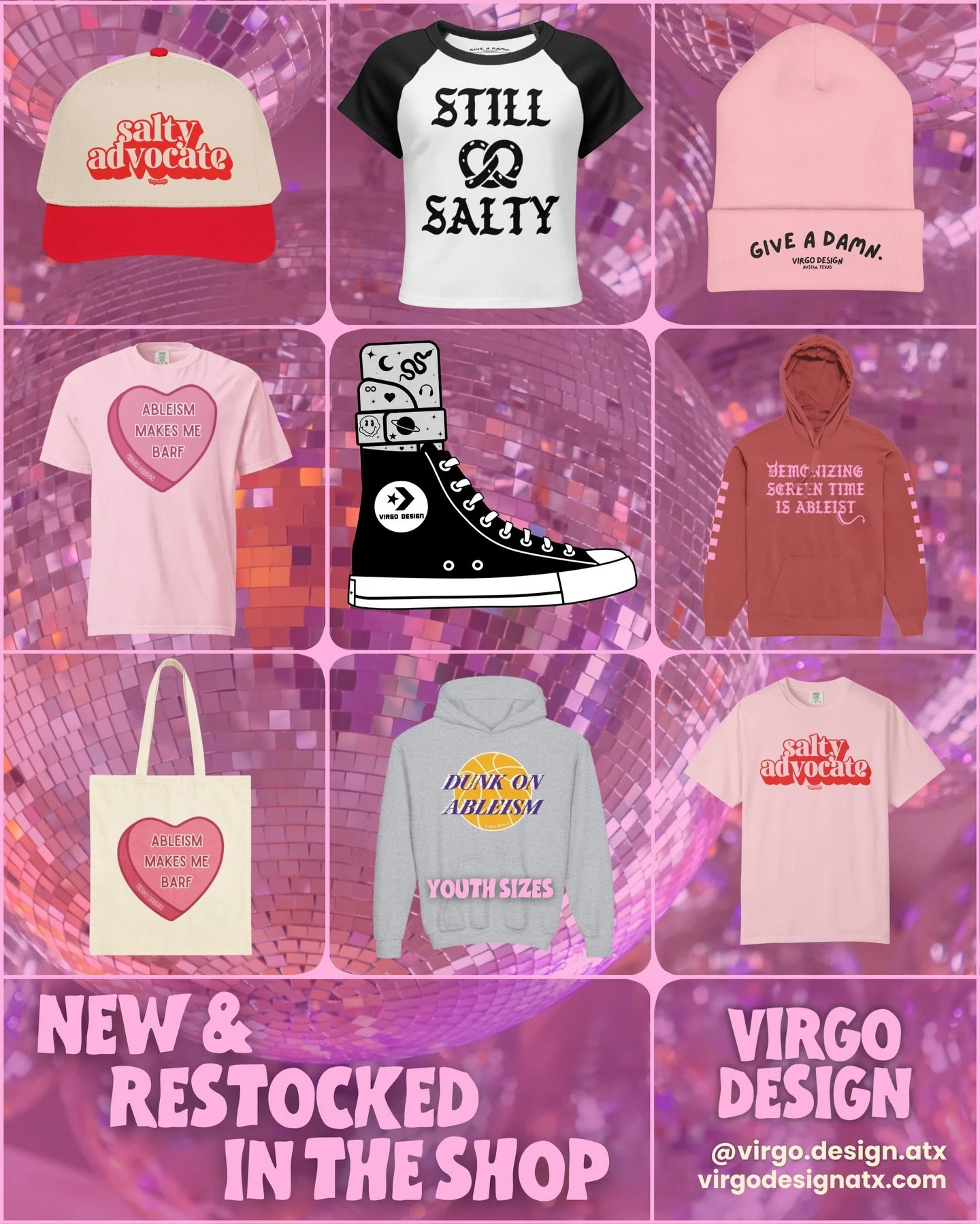 Recent ✨salty✨additions &amp; restocks are live in the shop, &amp; ready to head your way!

Salty Advocate Tee: Adult S-3XL
Salty Advocate Hat
Still Salty Pretzel BB Tee: Adult S-2XL
AFO Sticker: 2x2 waterproof vinyl
Ableism Makes Me Barf Tee: Adult 