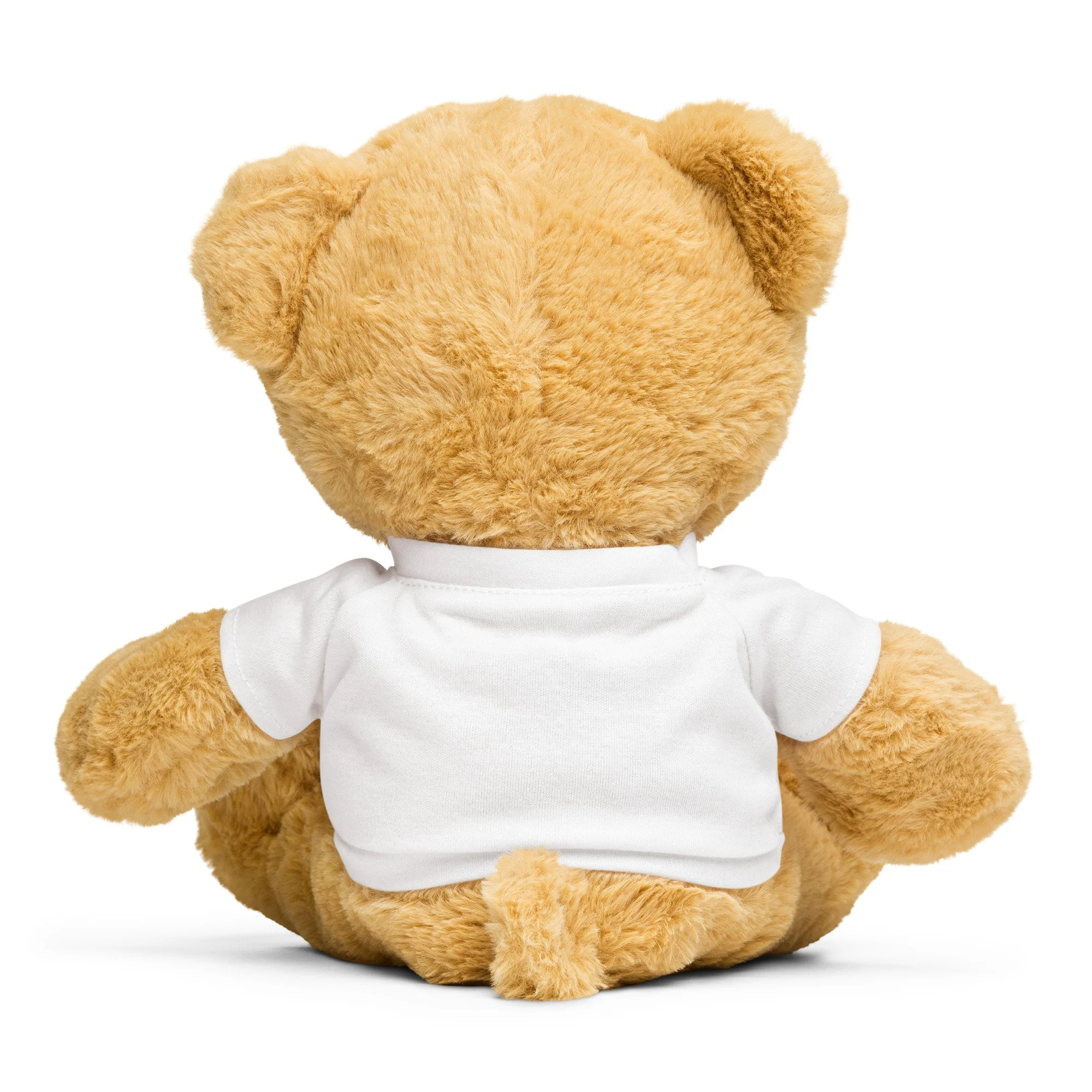 back view of soft, cuddly teddy bear wearing a white virgo design t-shirt that features a pink candy heart with the text, 'Ableism Makes Me Barf'