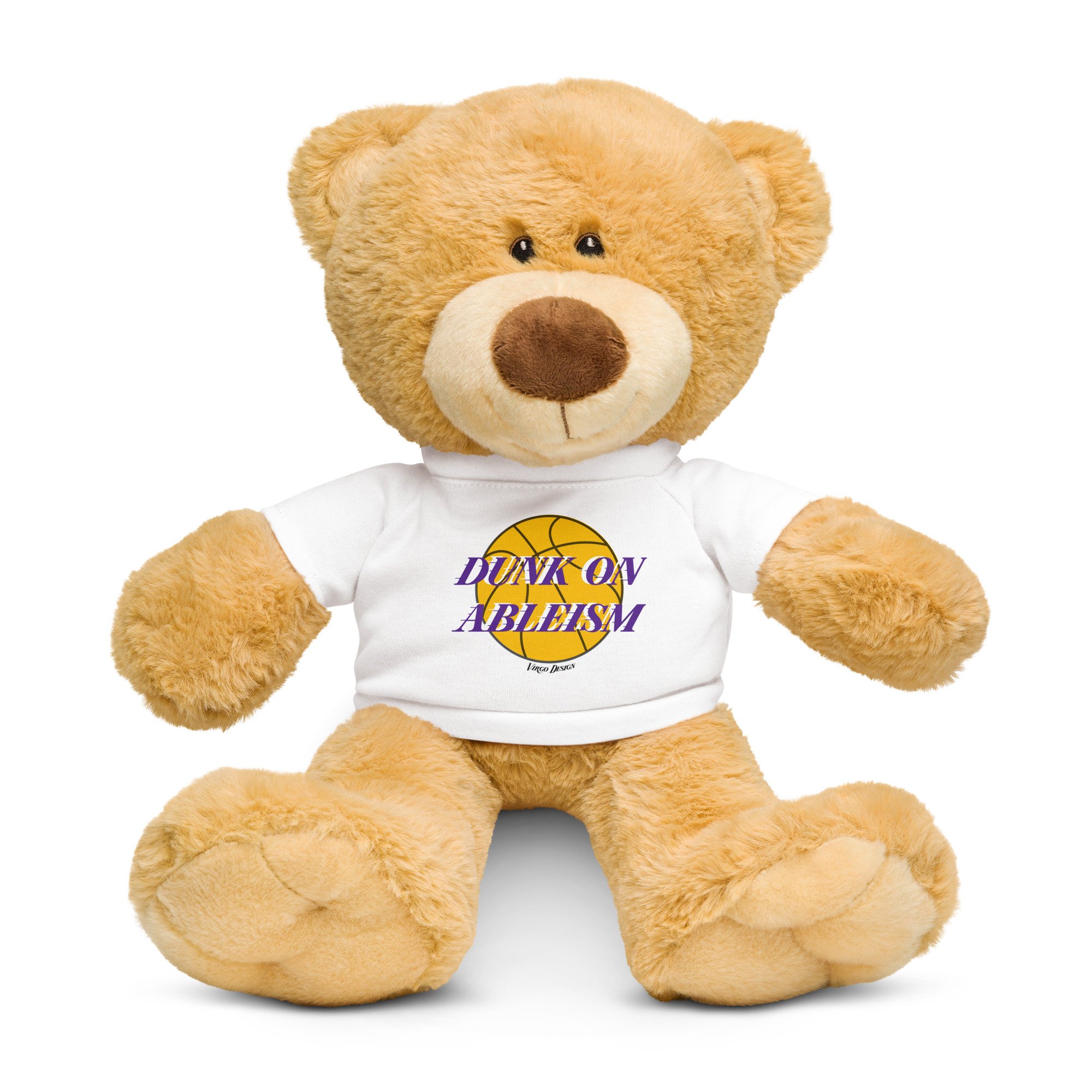 soft, cuddly teddy bear wearing a white virgo design t-shirt that says, 'dunk on ableism' in purple over a yellow basketball