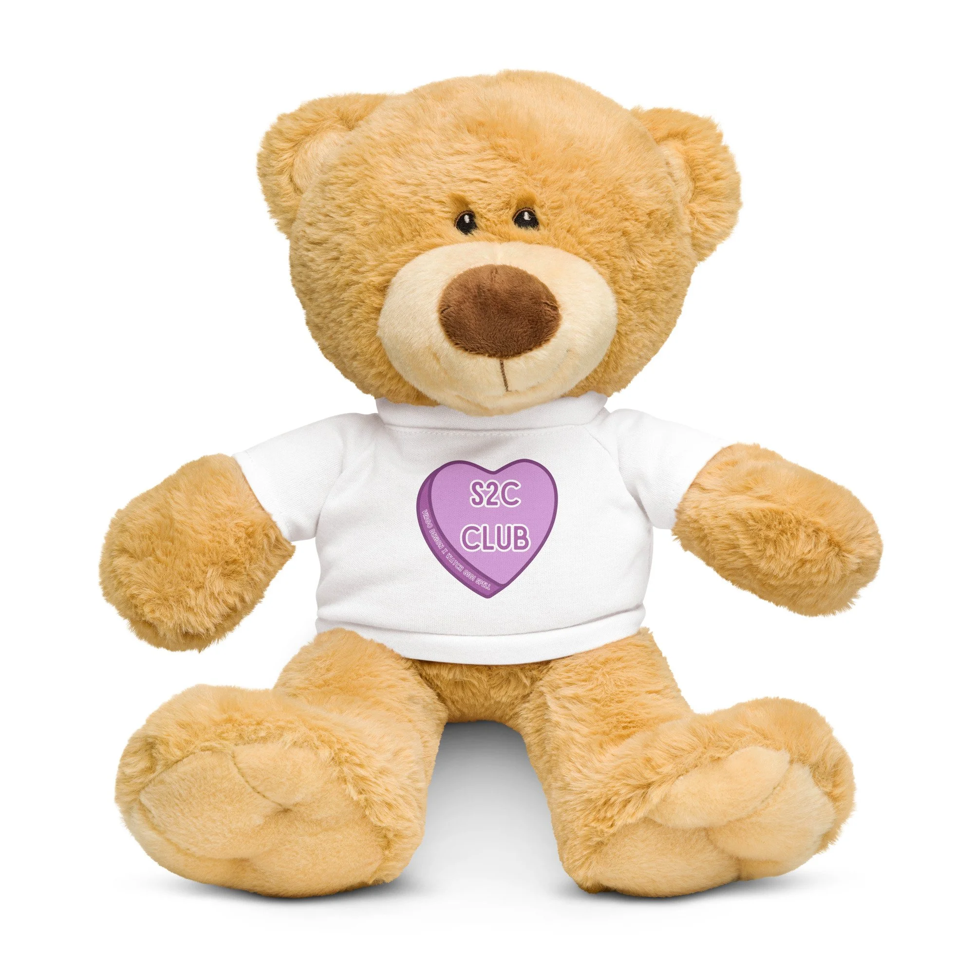 teddy bear plush wearing the virgo design + watch gigi spell collab purple candy heart respect s2c or scram purple candy heart