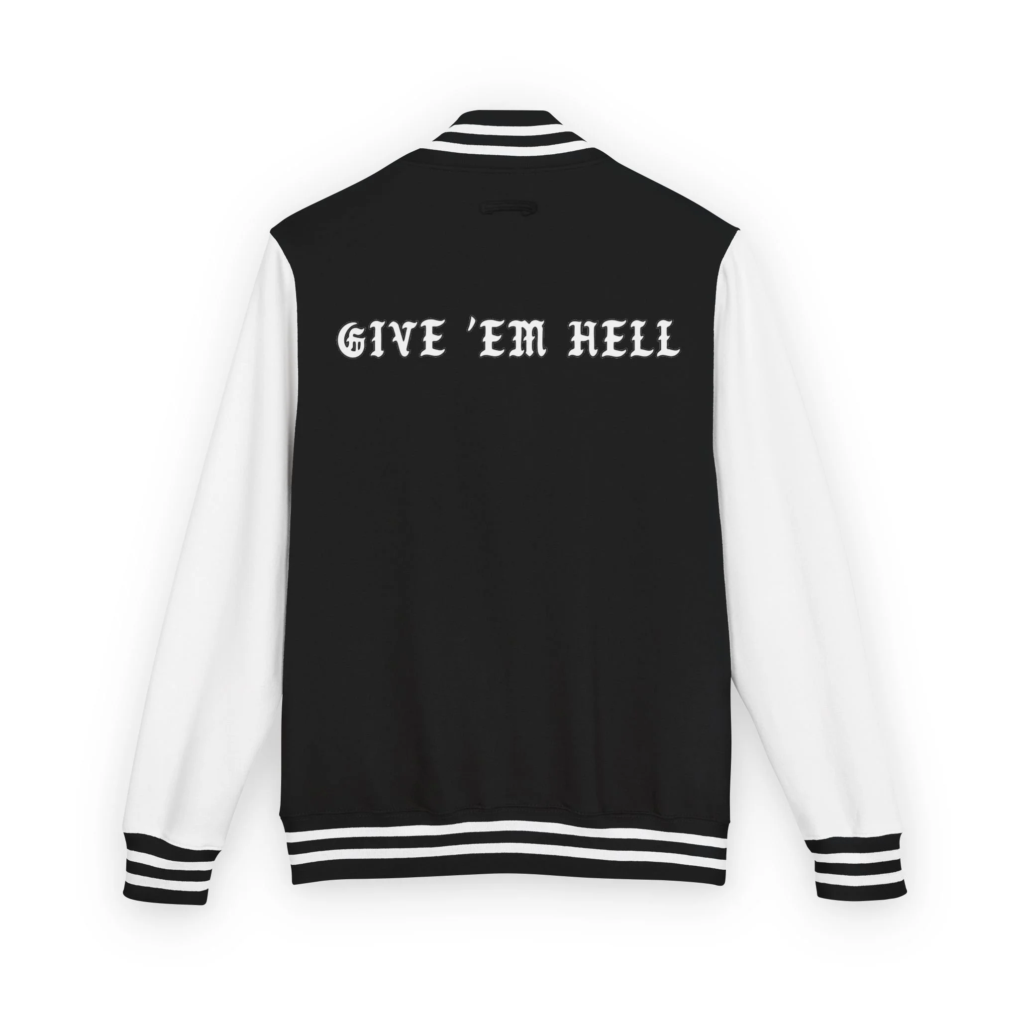 black and white letterman jacket by virgo design that says advocate on the chest and give em hell on the back