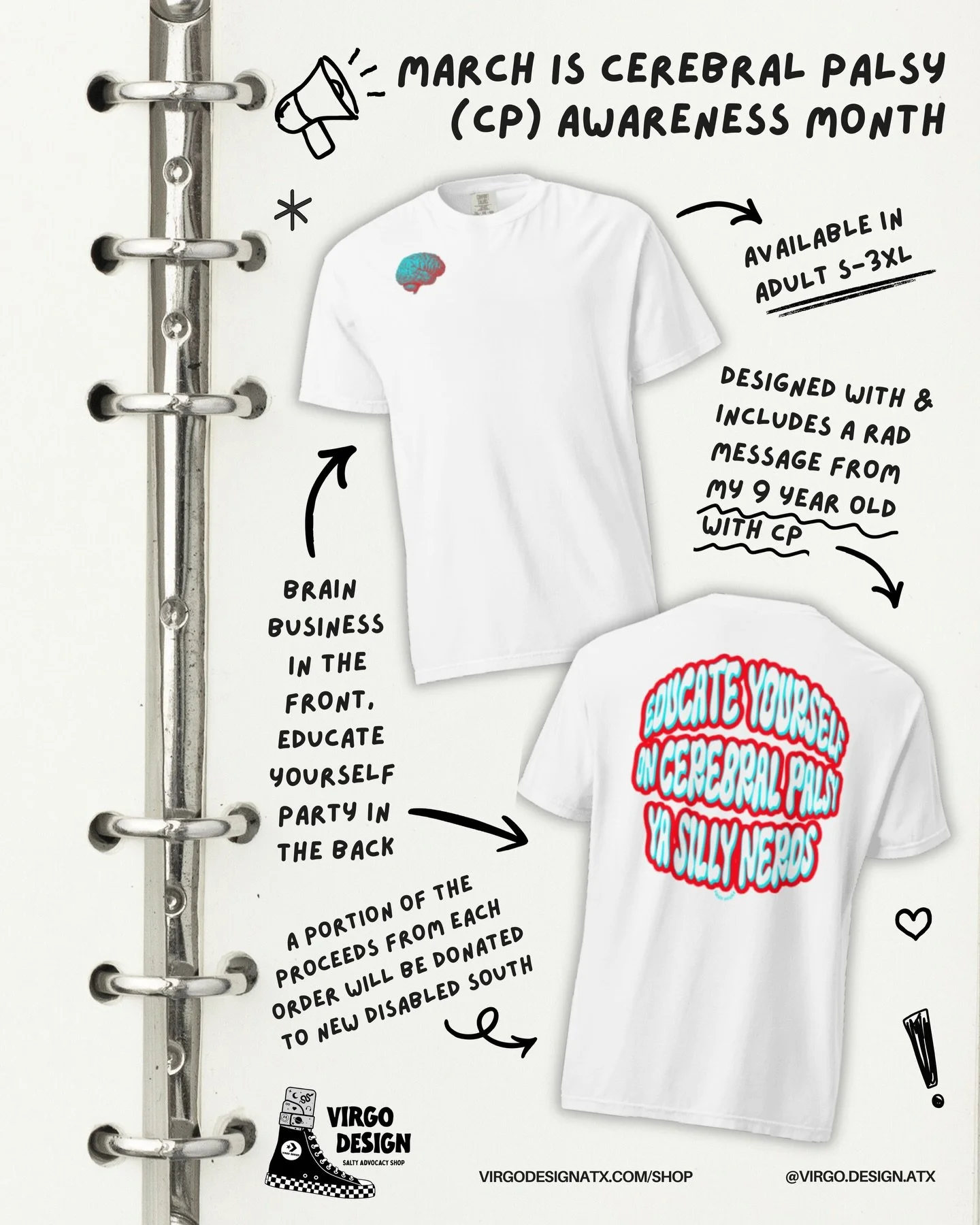 March is Cerebral Palsy Awareness Month, and my 9 year old with CP has a message for y&rsquo;all: &ldquo;EDUCATE YOURSELF ON CP, YA SILLY NERDS!&rdquo; 📣

We designed this shirt together, using his message and featuring his favorite colors (red and 