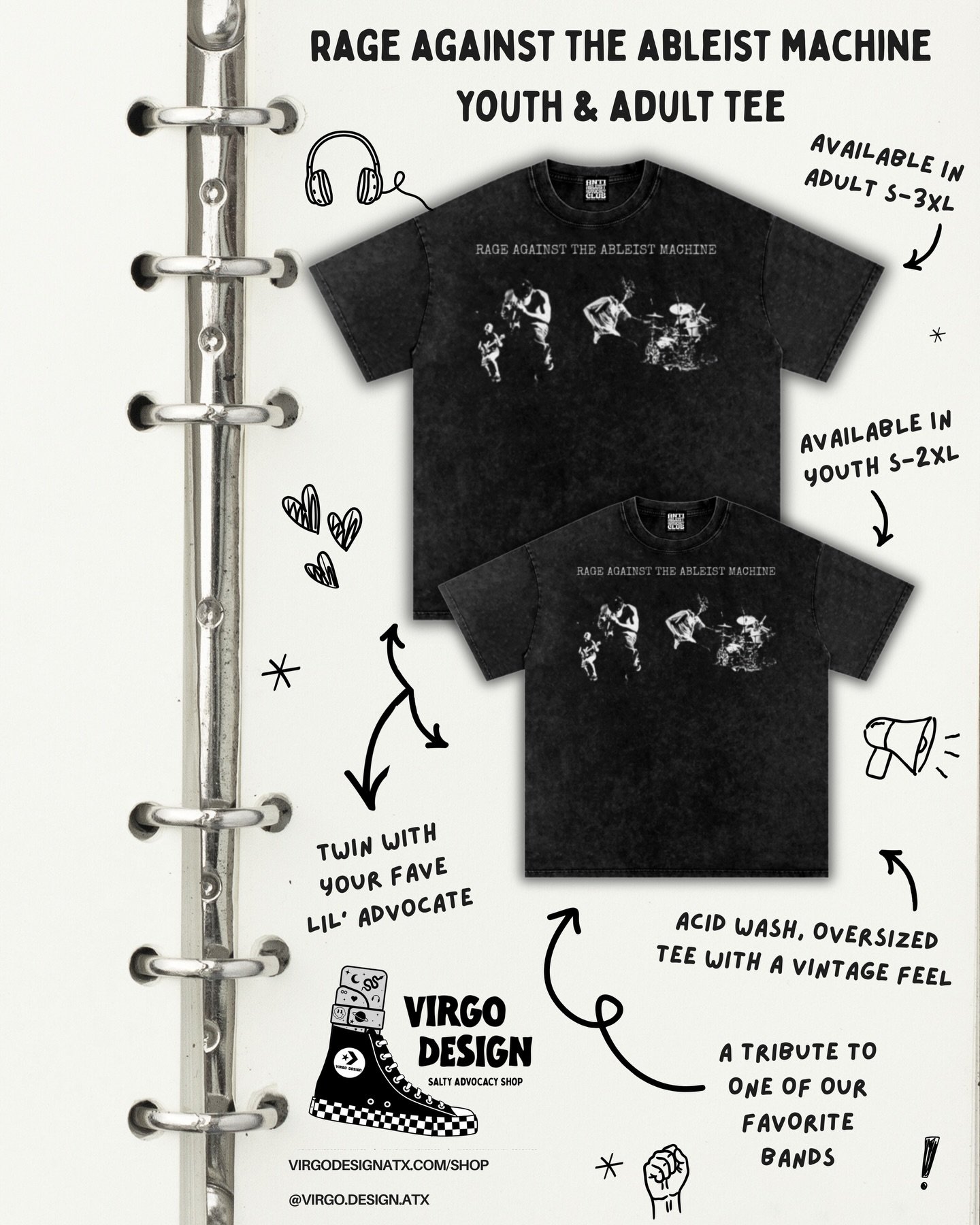 Twinning with your favorite little advocate✅
Advocacy booty shorts✅

Two new bombshells have entered the villa, and they&rsquo;re both cool as hell! The Rage Against the Ableist Machine tee is available in adult and youth sizes, and is perfect for th