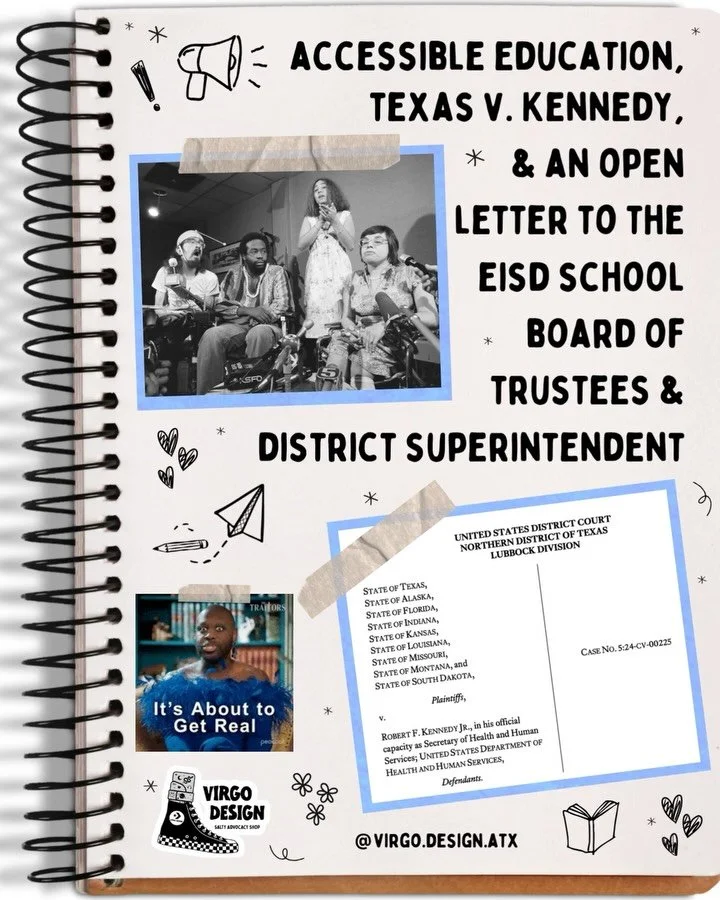 Accessible Education, Texas v. Kennedy, &amp; an open letter to the Eanes ISD School Board of Trustees &amp; District Superintendent

#education #disabilityrights #advocate #inclusion #schoolboard 

Alt. text on images