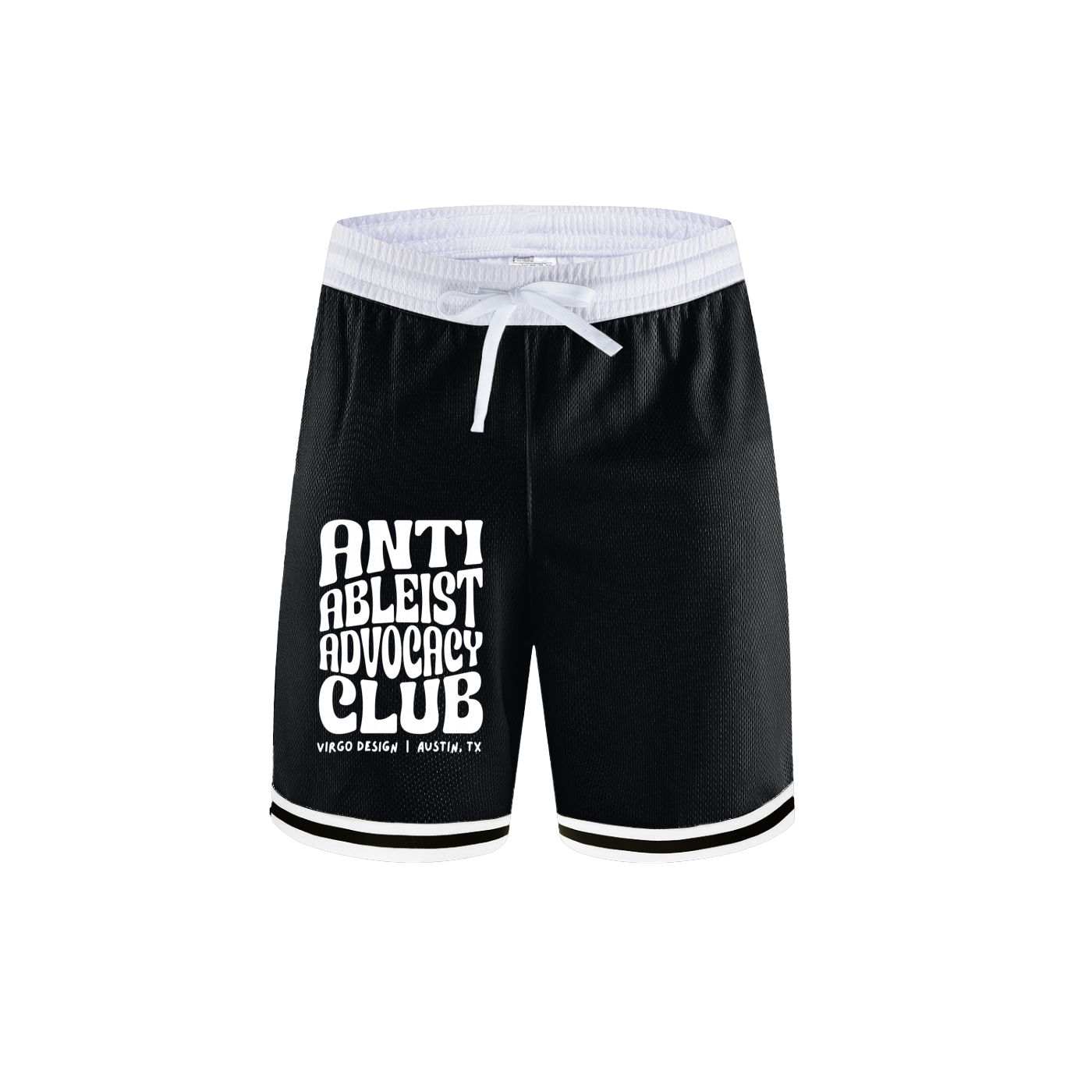 anti ableist advocacy club basketball shorts in black with white trim by virgo design