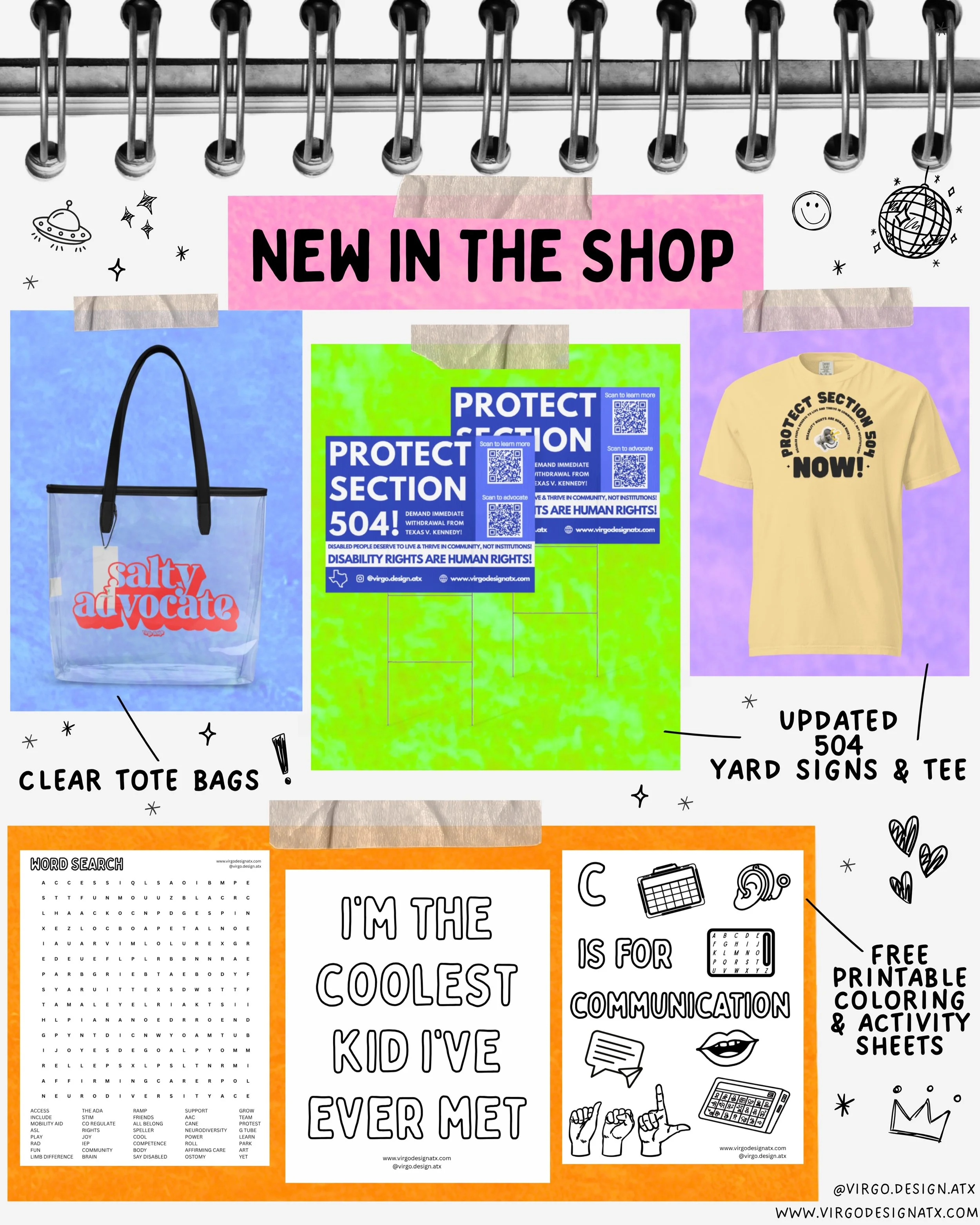 New in the shop: ✨FREE printable inclusive coloring and activity pages  for the classroom, the clinic, and anywhere you want to color. ✨4 new clear tote bags in Salty Advocate, Connection Over Compliance, Stay Feisty, and Catch Inclusion. ✨New update