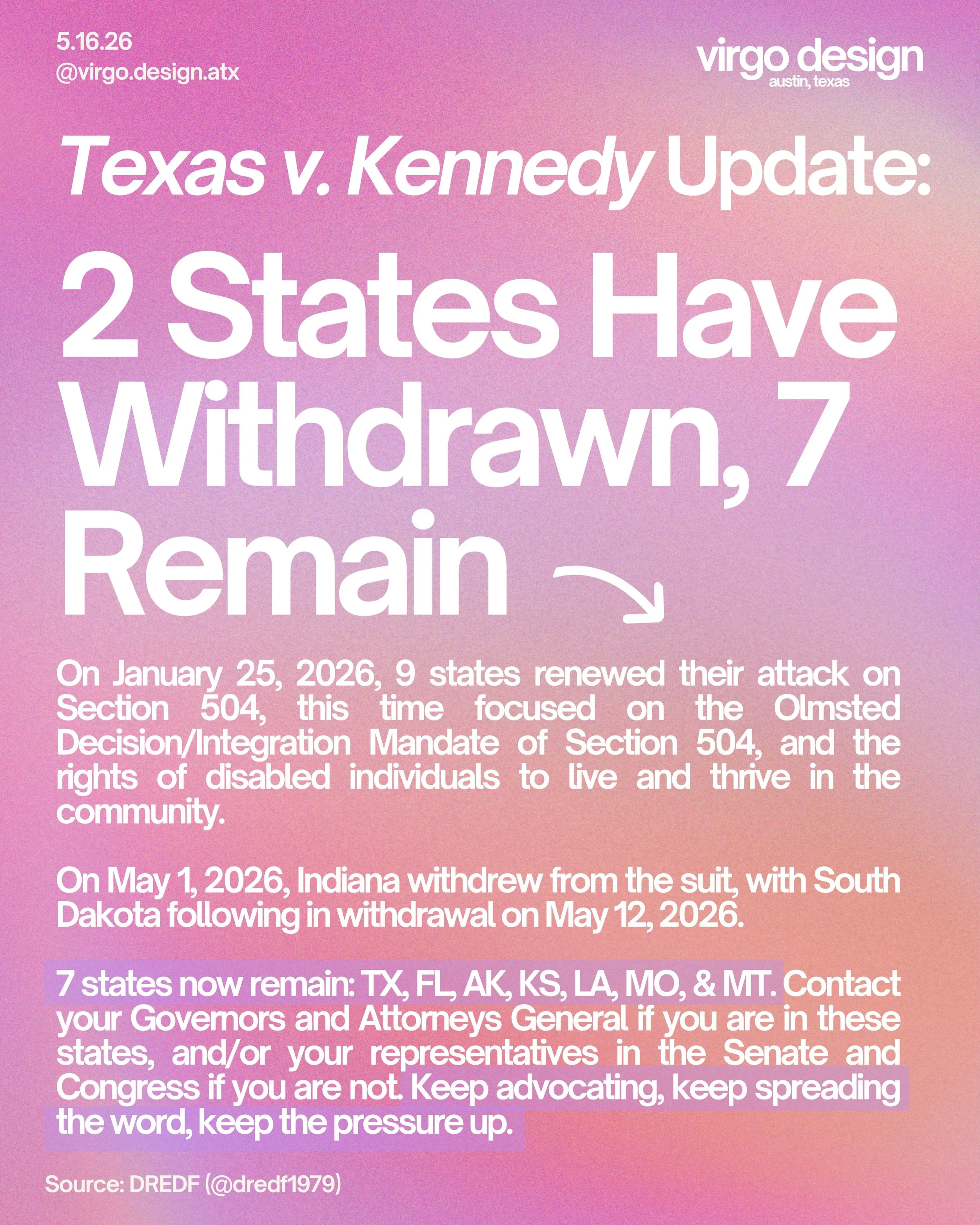 Texas v. Kennedy UPDATE: 2 states (Indiana and South Dakota) have withdrawn, and 7 remain (Texas, Alaska, Florida, Kansas, Montana, and Missouri). Formerly Texas v. Becerra, the renewed complaint filed in January focuses on the Olmsted Decision/Integ