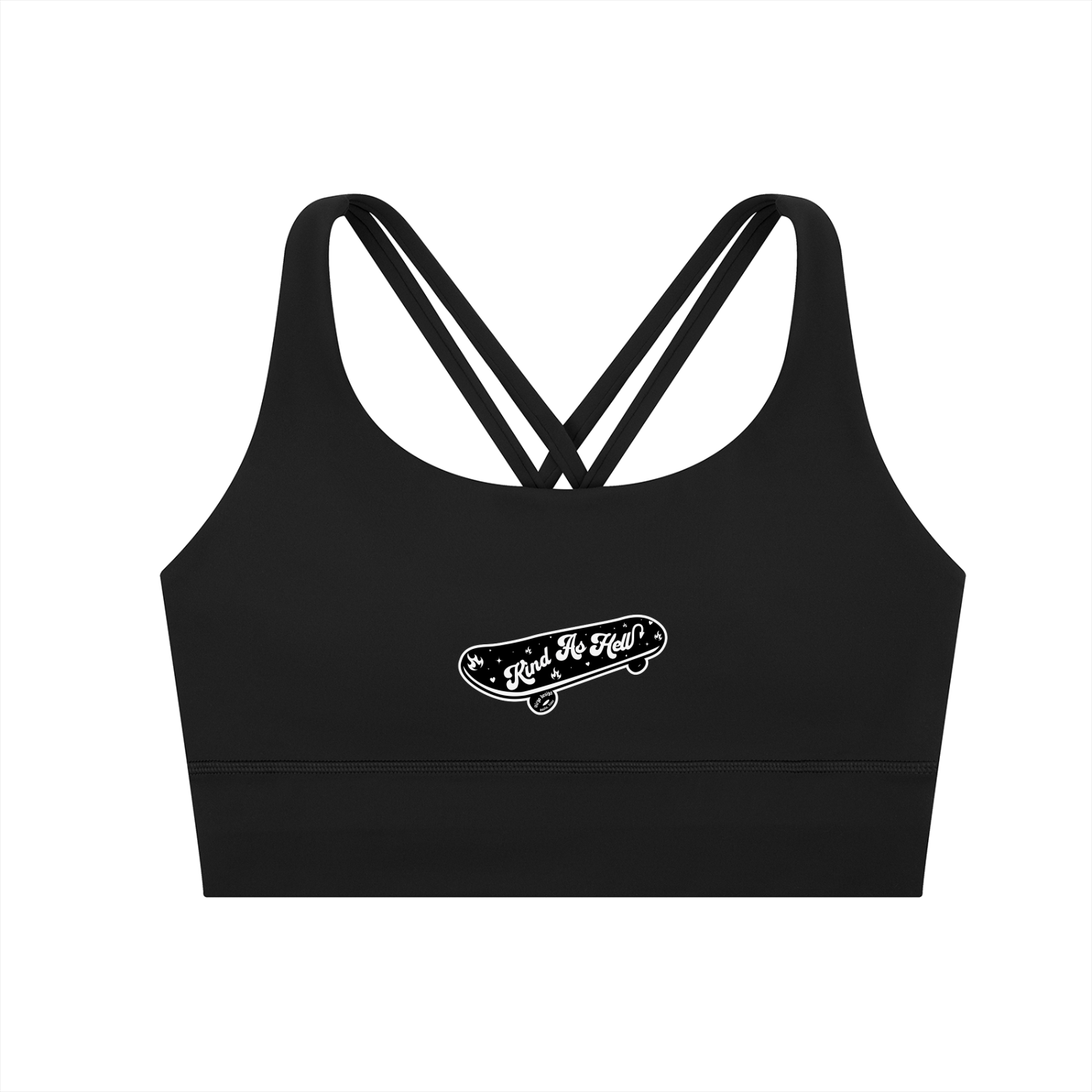 kind as hell skateboard sports bra with checkered accents by Virgo Design in black and white
