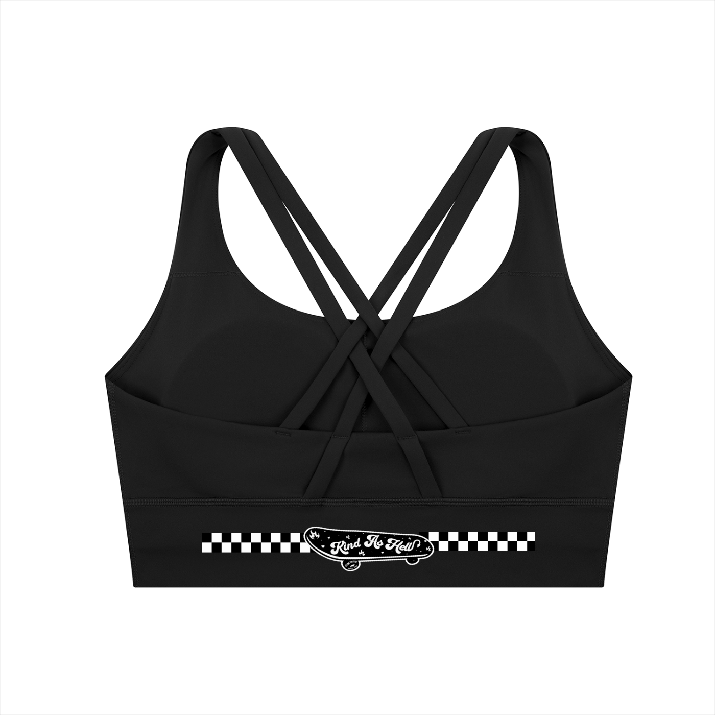 kind as hell skateboard sports bra with checkered accents by Virgo Design in black and white