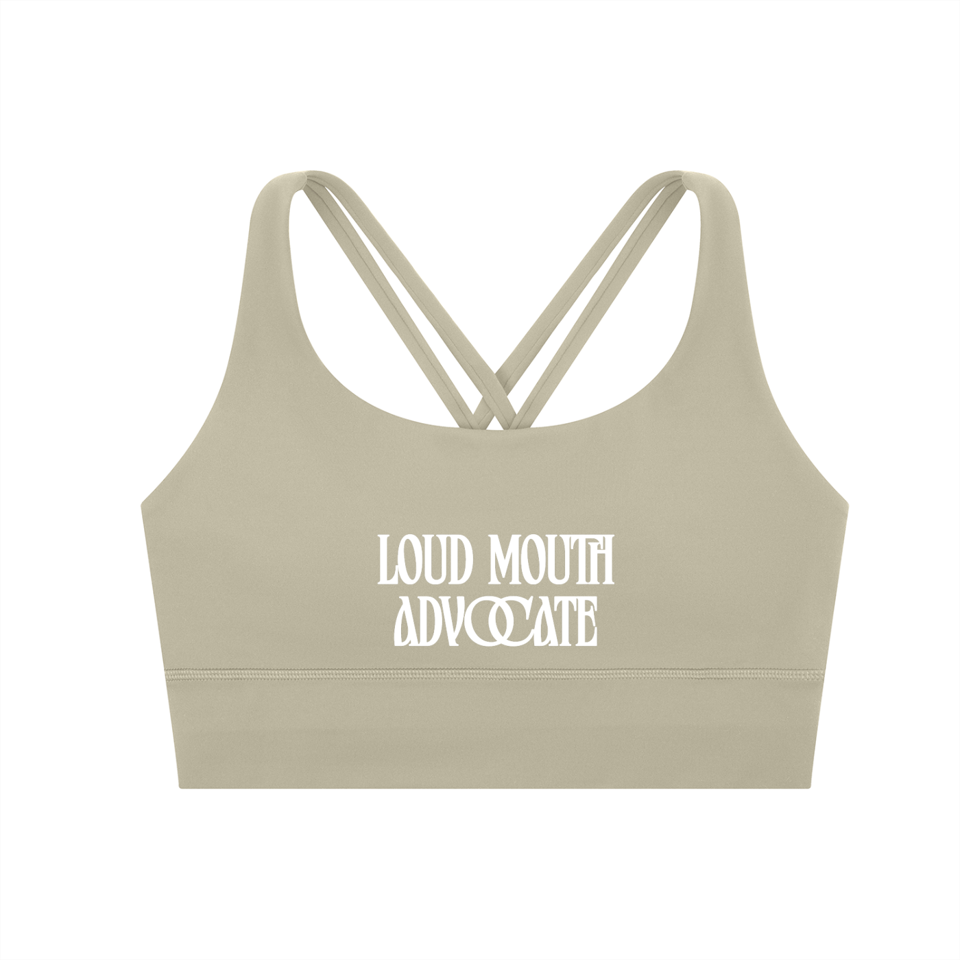 loud mouth advocate strappy criss-cross sports bra in neutral and white by Virgo Design