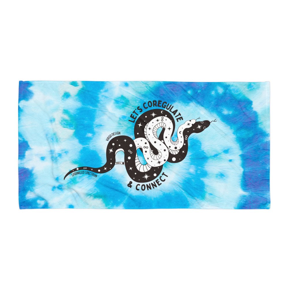 lets coregulate and connect x sprinkled spectrum collab snakes towel benefitting surfer's healing by Virgo Design