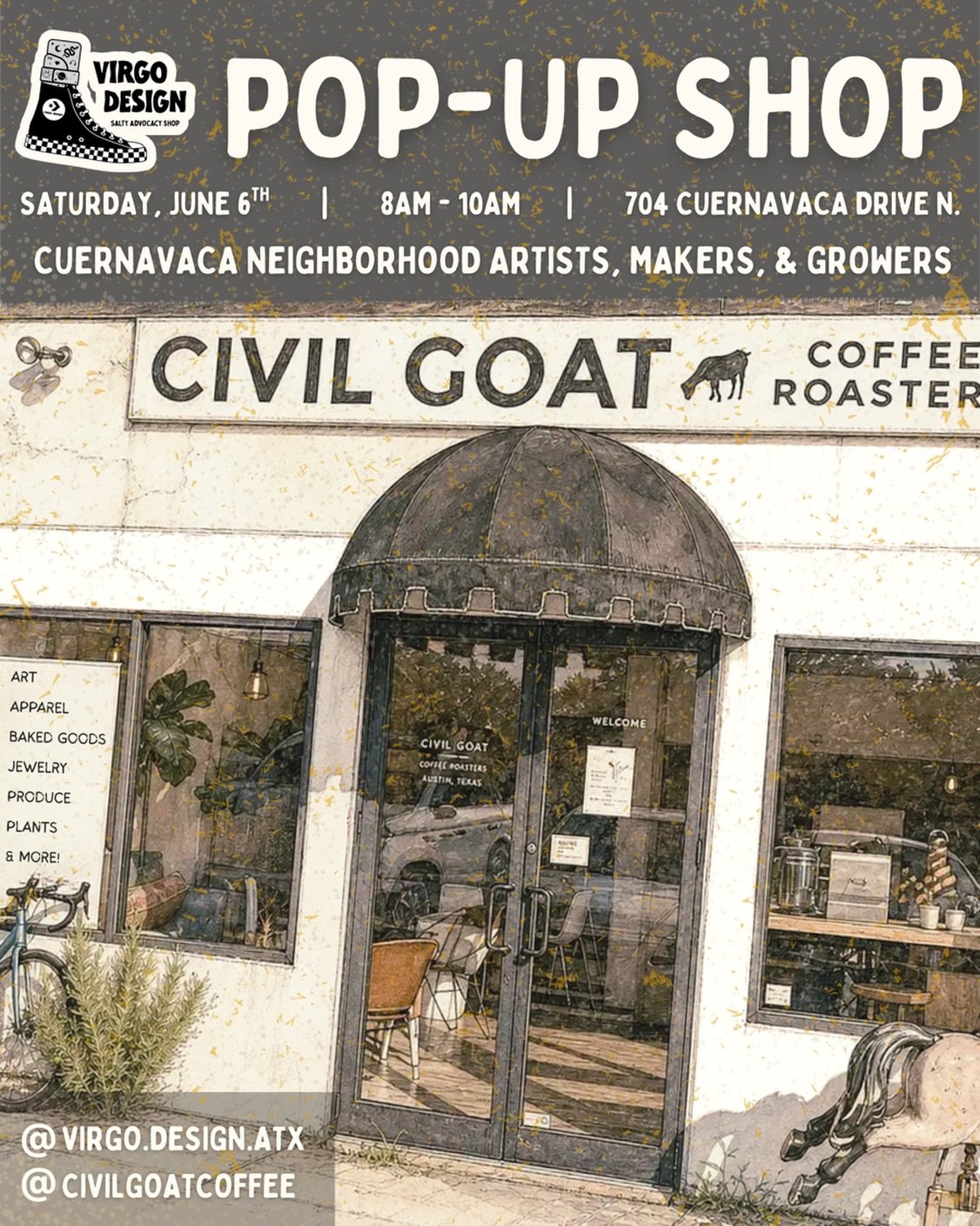 CATCH ME OUTSIDE! The next Virgo Design pop-up is happening at my absolute fave neighborhood coffee shop @civilgoatcoffee on June 6th from 8-10am! Come support Cuenry neighborhood and local Austin artists, makers, growers, bakers, &amp; more! 

#popu