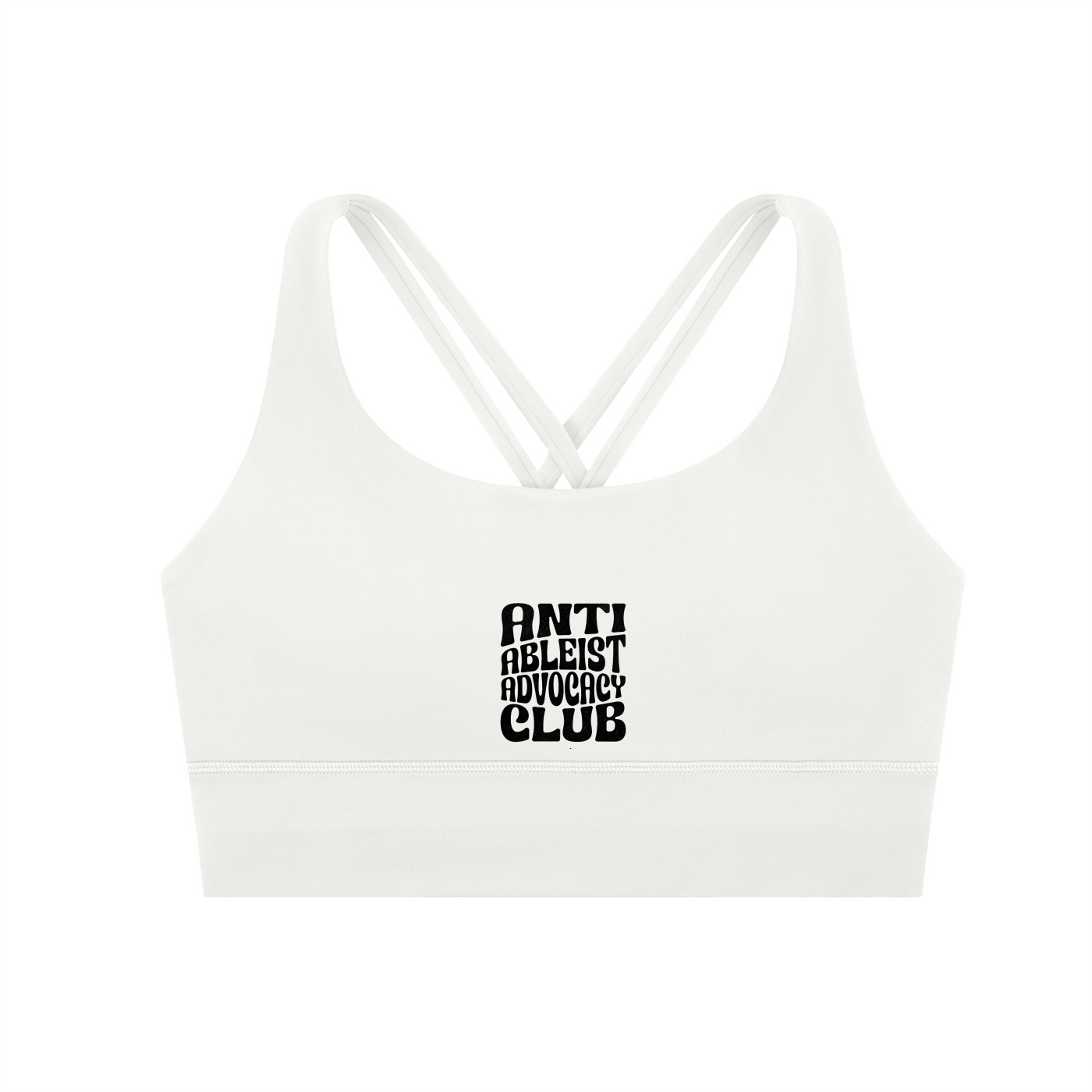 anti ableist advocacy club sports bra in white with black text by virgo design