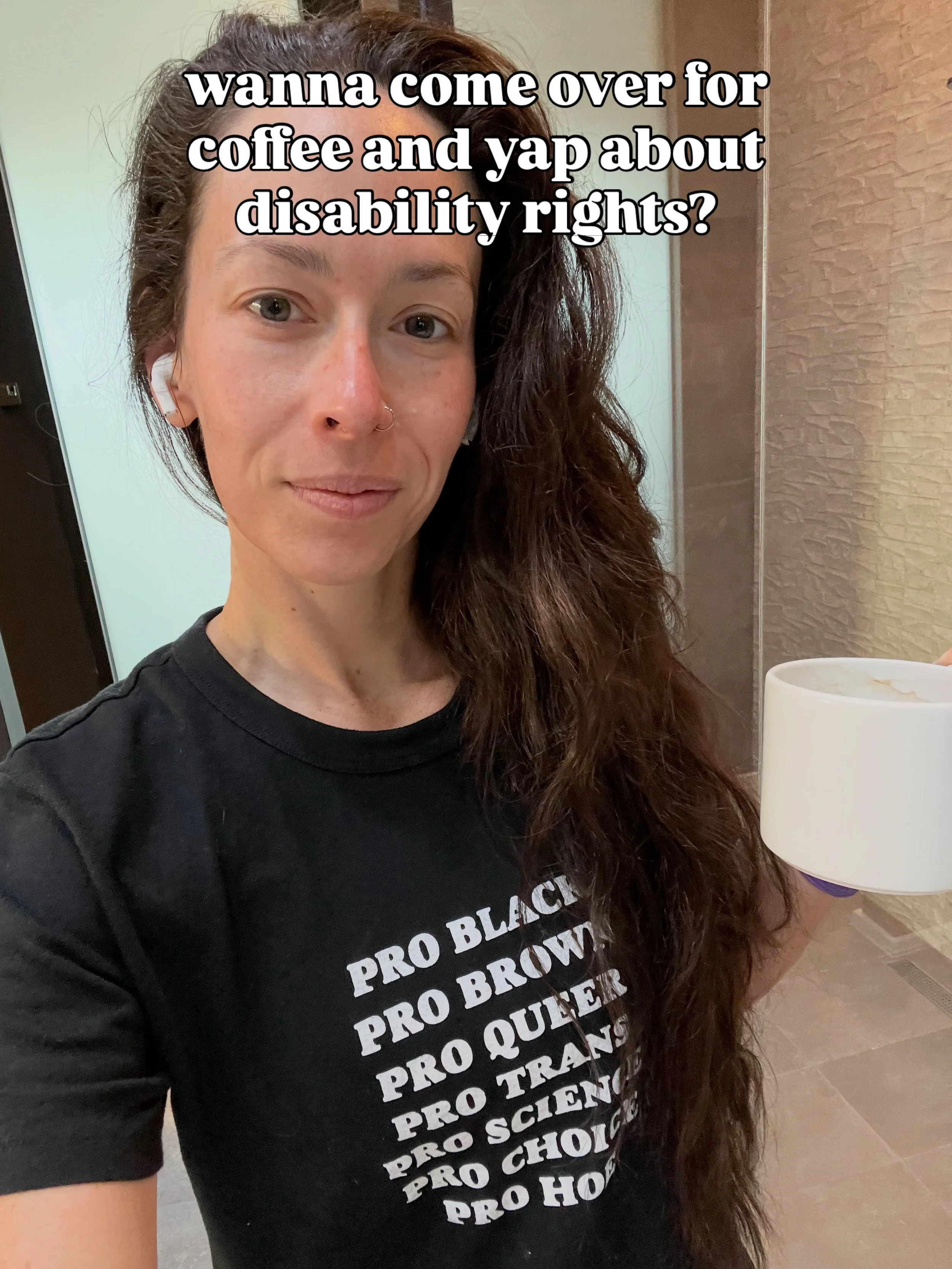 Wanna come over for coffee and yap about disability rights? ☕️🫶🏼🗣️

#advocate #inclusion #coffee #letstalk 

ID: Ashley is a white, Puerto Rican woman with long dark hair and green eyes.
Slide 1: A no makeup selfie of Ashley holding a coffee cup a