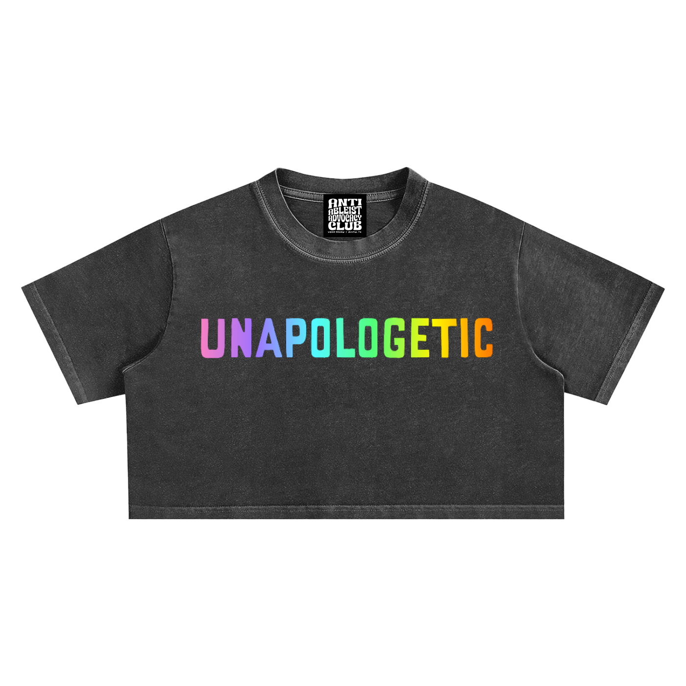 unapologetic pride super crop top by virgo design in black with rainbow text