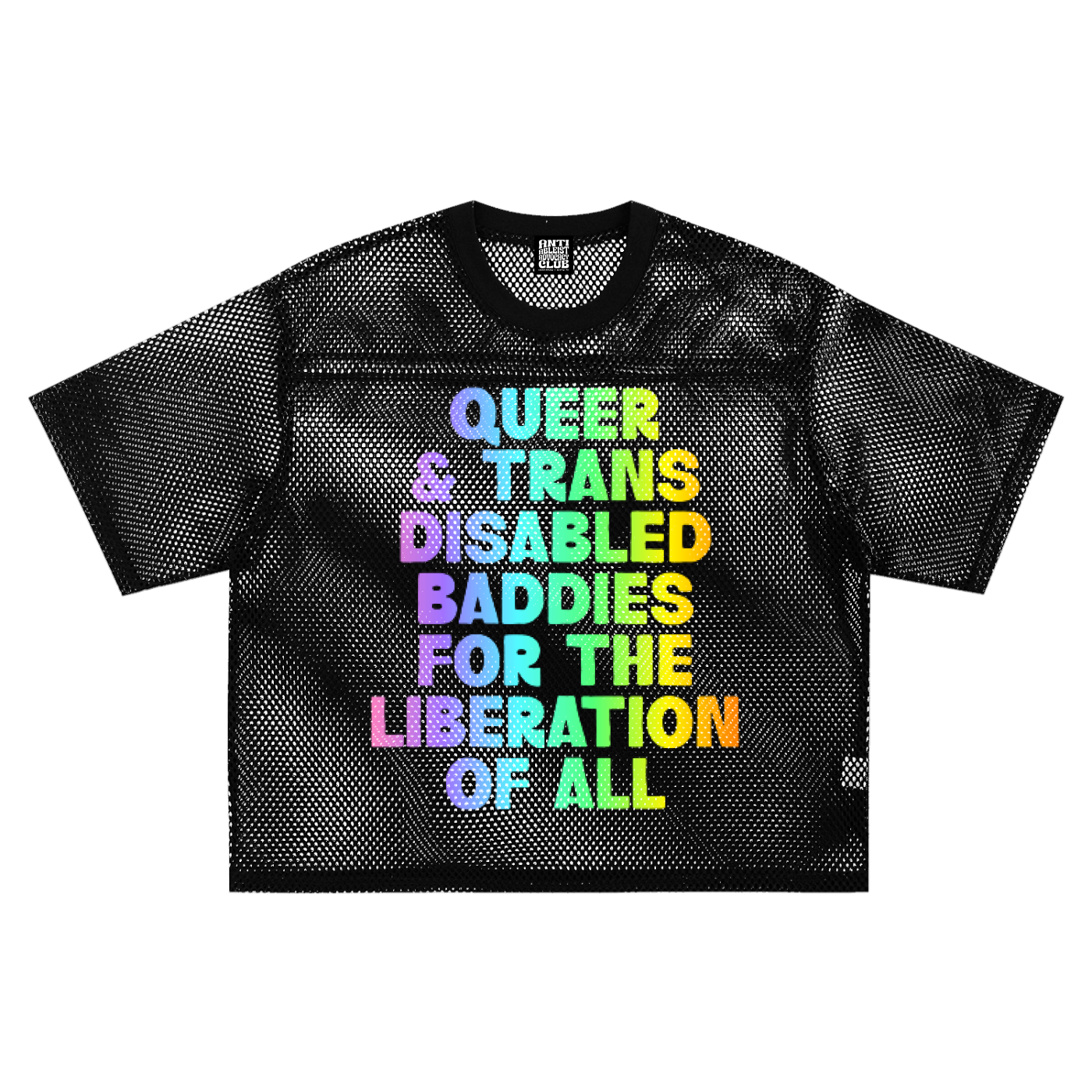 queer and trans disabled baddies for the liberation of all black see through mesh tee with rainbow text by virgo design