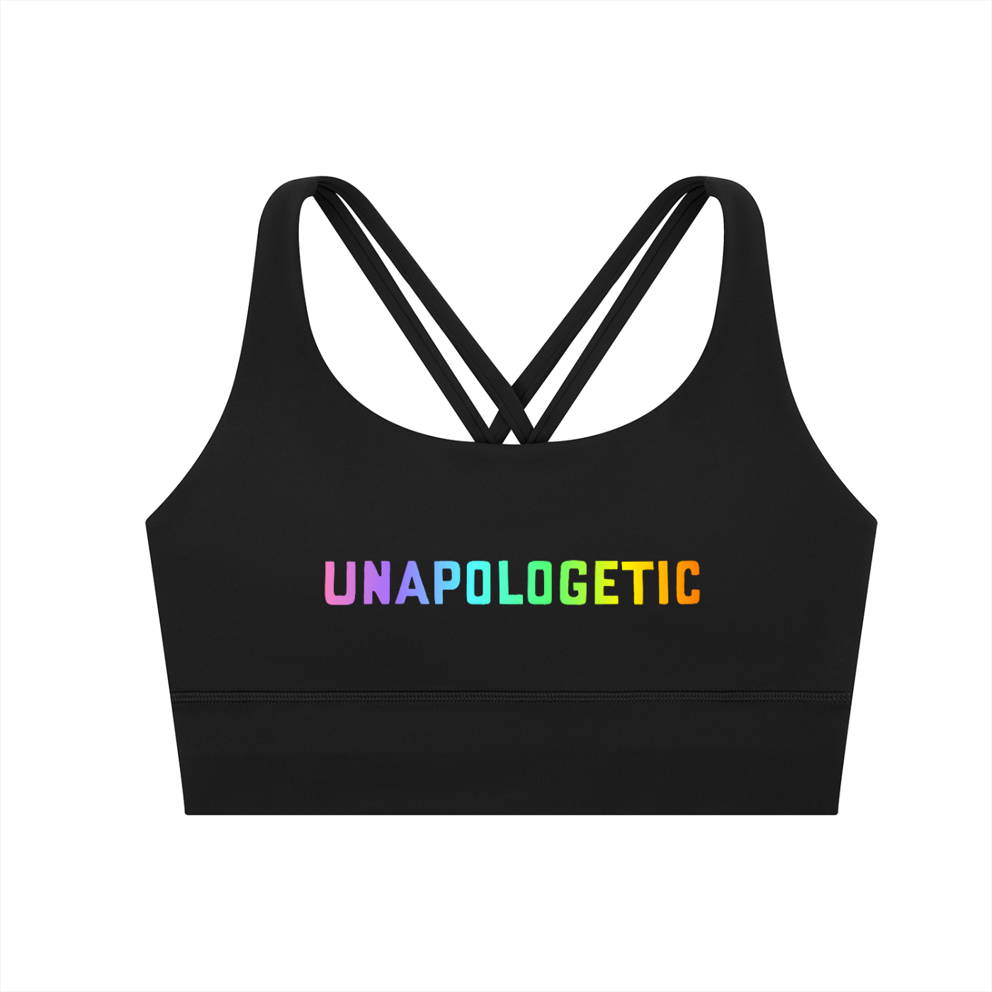 unapologetic sports bra in black with rainbow lettering by virgo design