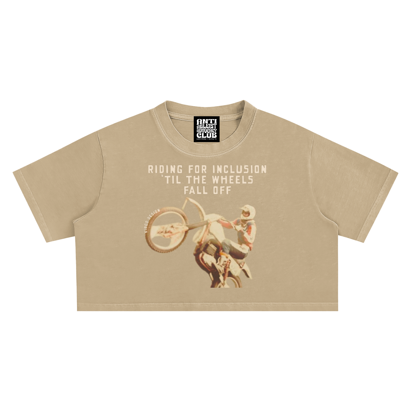 riding for inclusion 'til the wheels fall off motocross wheelie snow washed super crop in khaki by virgo design