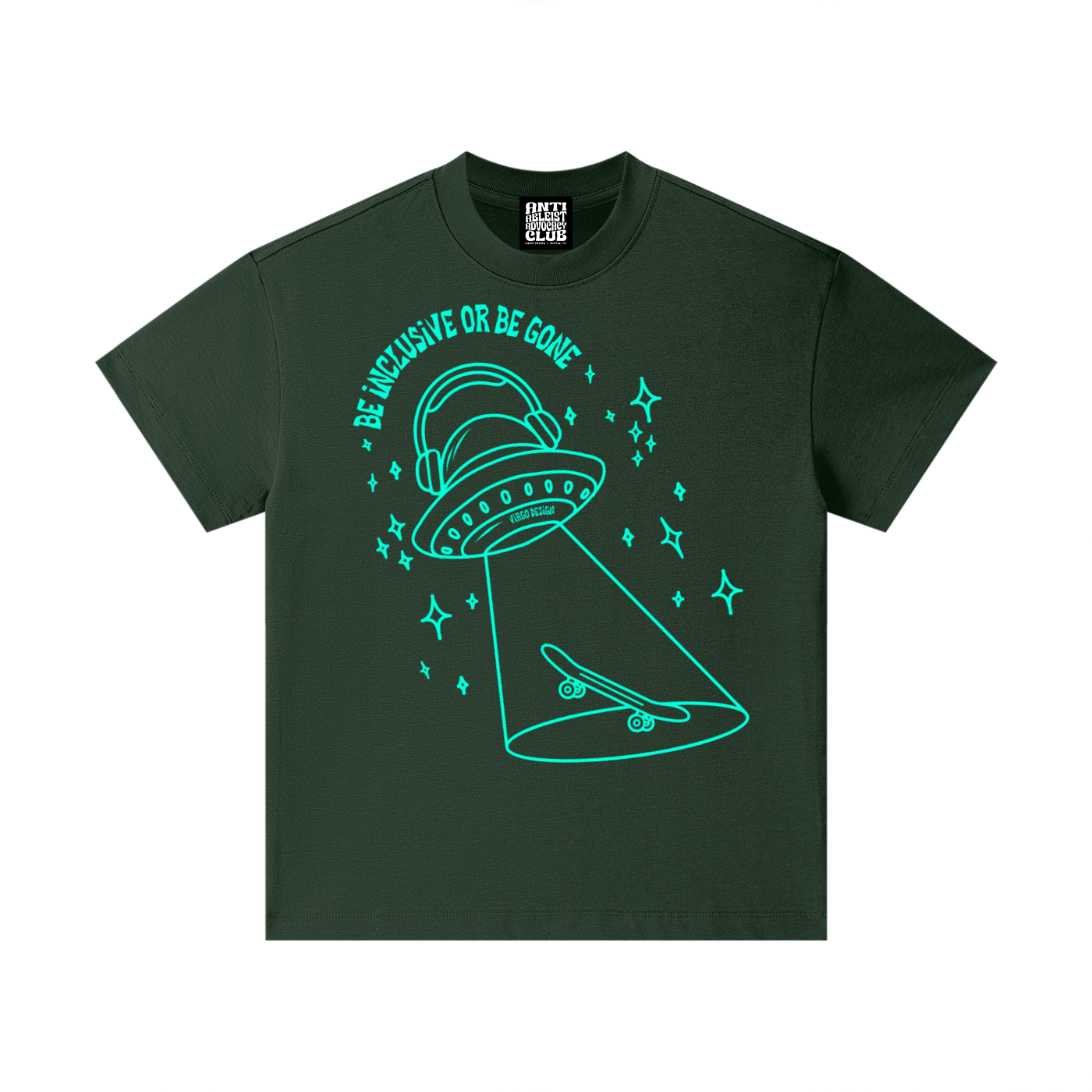 be inclusive or be gone 3.0 youth tee by virgo design in dark green featuring a neon blue space ship wearing headphones and beaming up a skateboard surrounded by stars