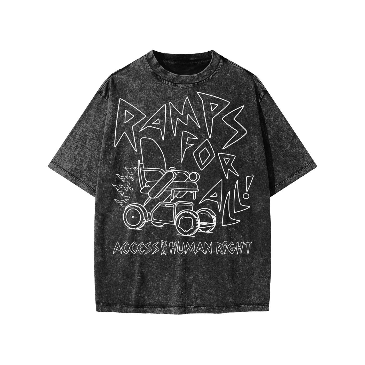 ramps for all access is a human right snow washed youth tee by virgo design in black and white featuring their kid's power wheelchair, flames, and a vintage punk font