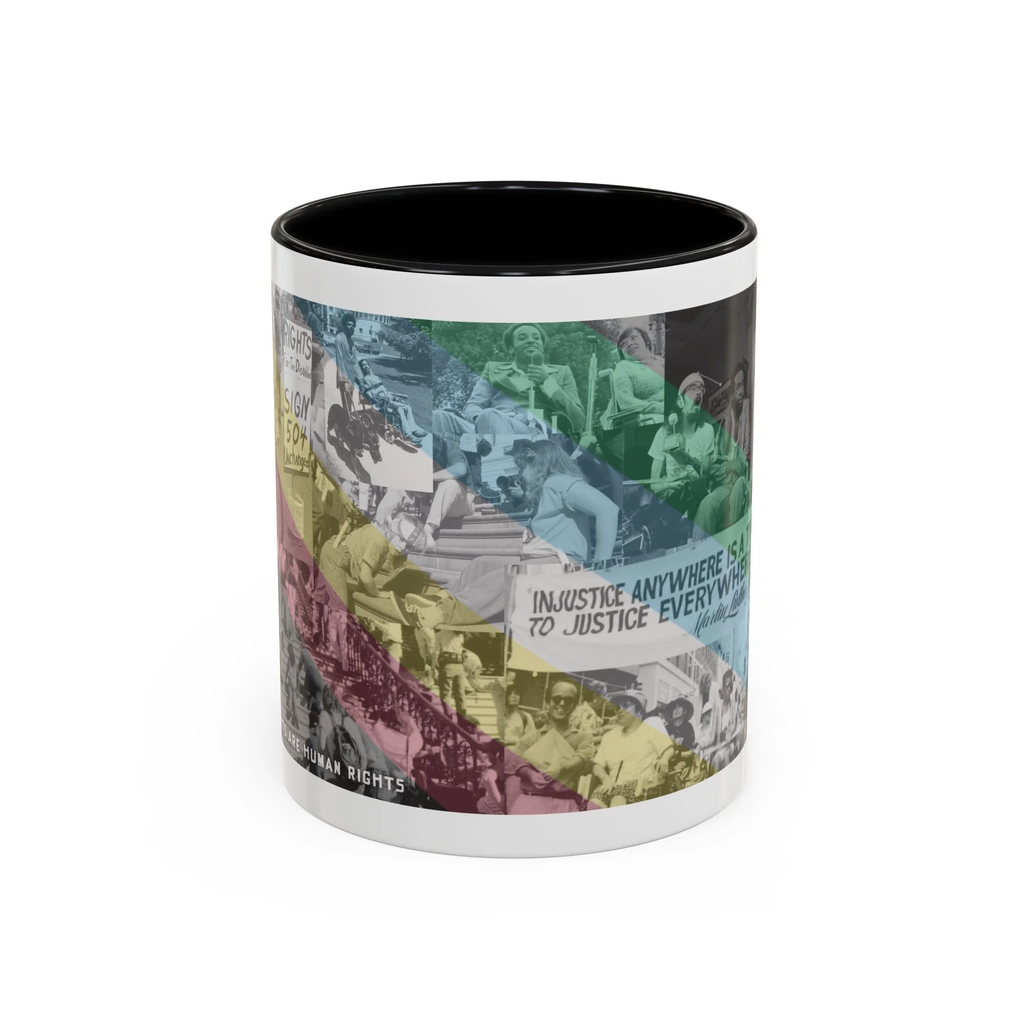 iconic moments in disability history draped in the disability pride flag 11oz ceramic mug in white with black interior and black handle by virgo design