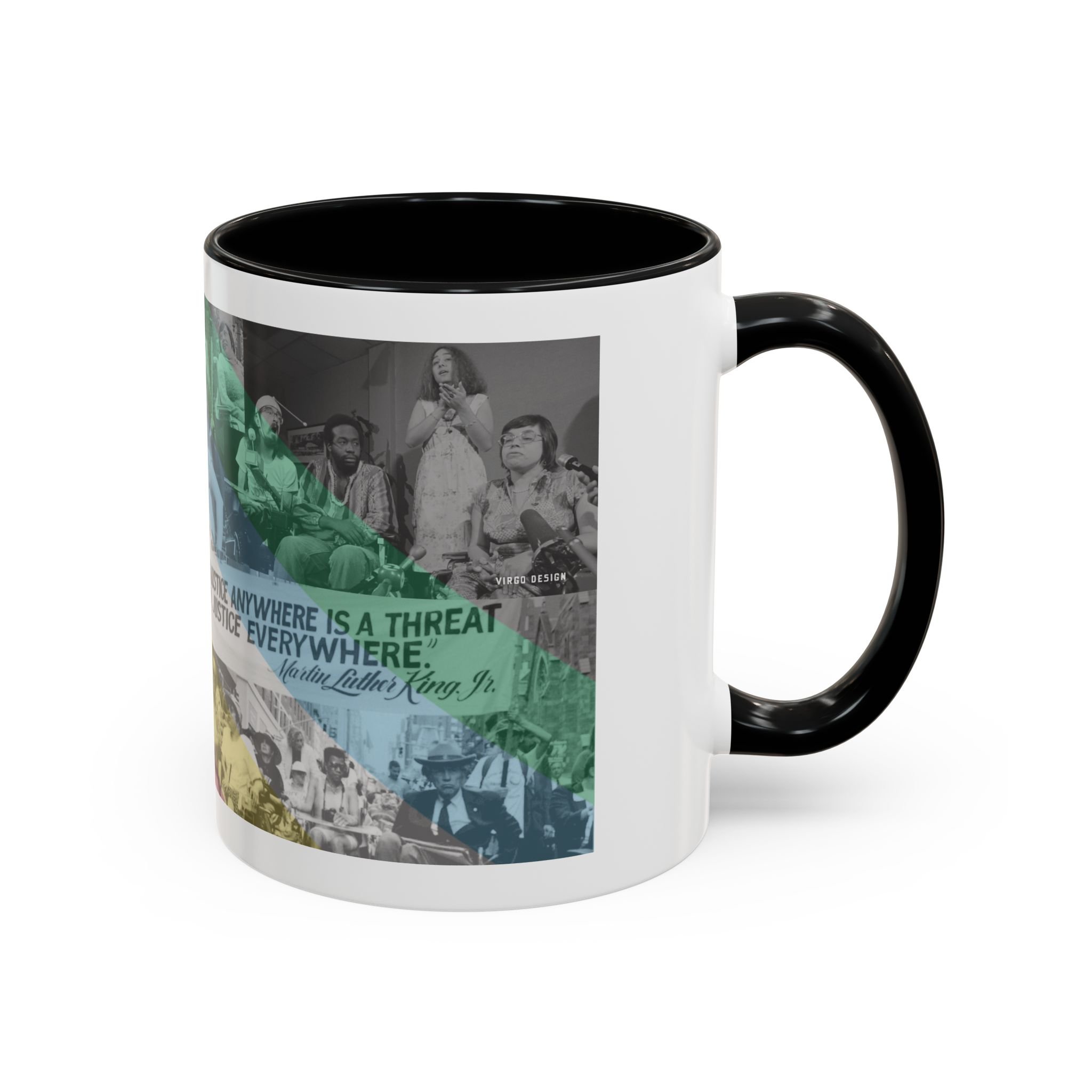 iconic moments in disability history draped in the disability pride flag 11oz ceramic mug in white with black interior and black handle by virgo design
