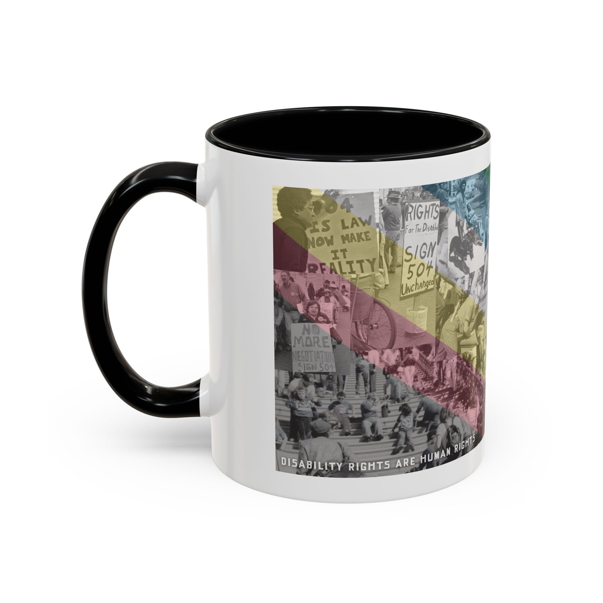 iconic moments in disability history draped in the disability pride flag 11oz ceramic mug in white with black interior and black handle by virgo design
