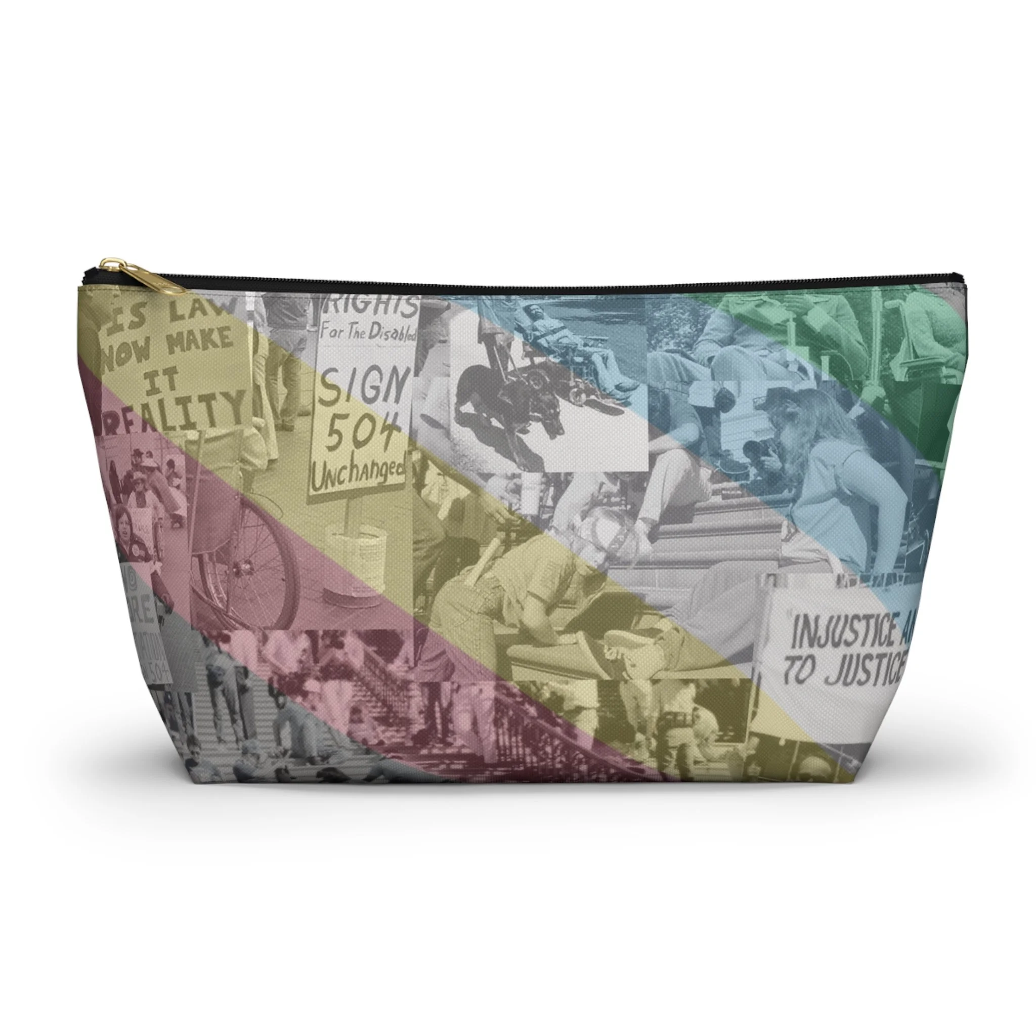 zipper pouch by Virgo Design with iconic images of disability rights activists draped in the disability pride flag